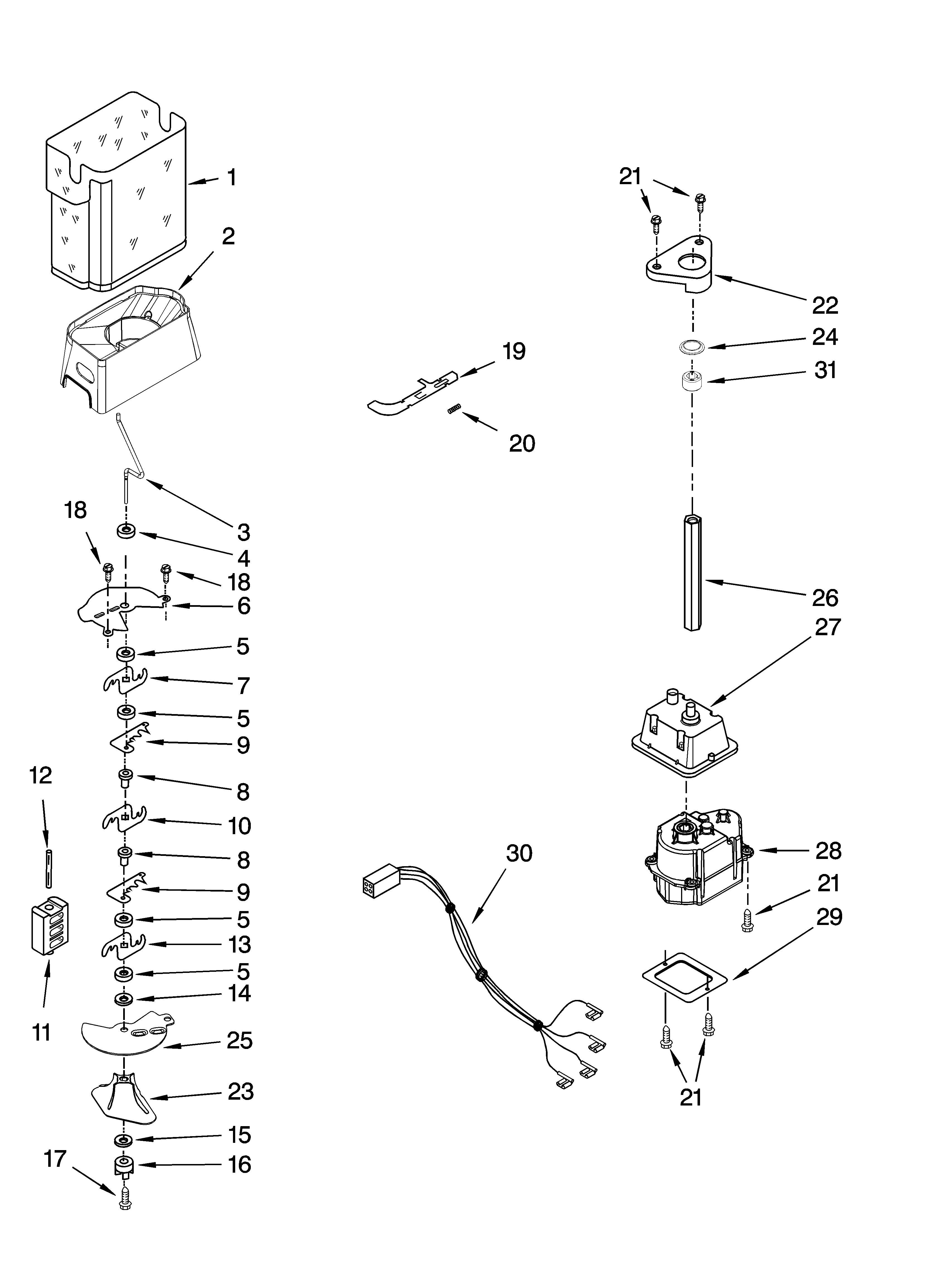 KitchenAid KSRK25FVMS00 motor and ice container parts diagram