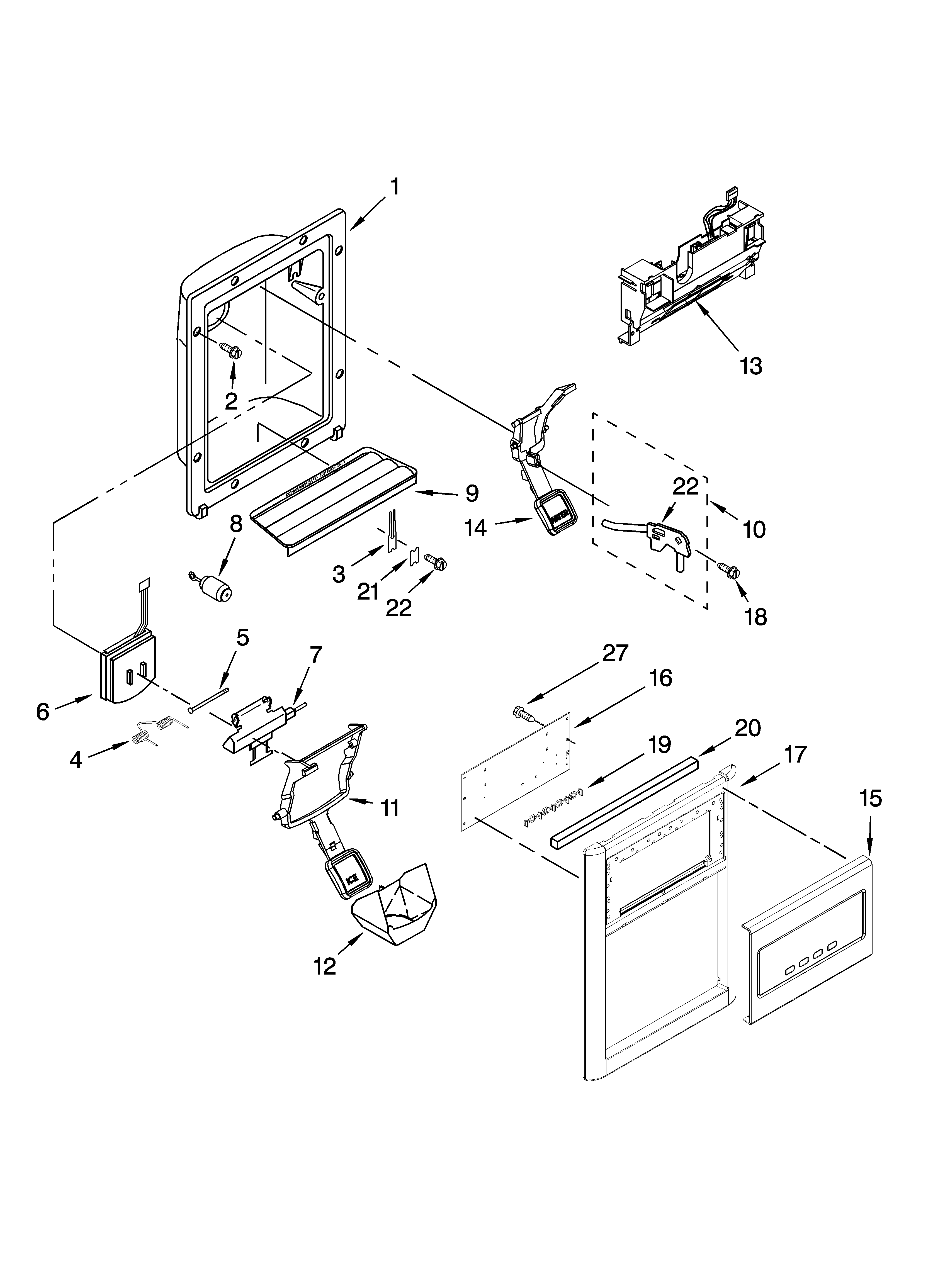 KitchenAid KSRK25FVMS00 dispenser front parts diagram