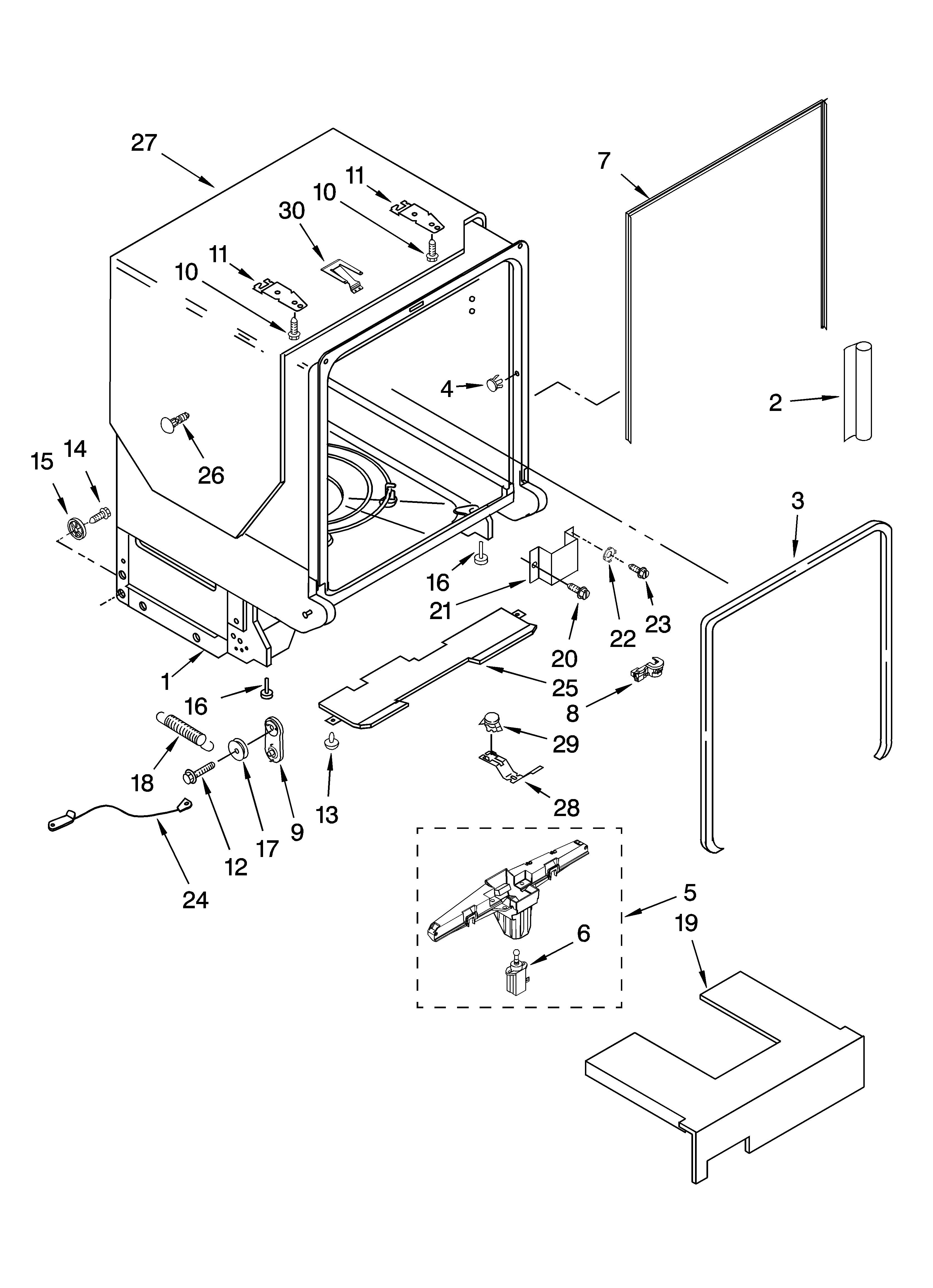 KitchenAid KUDU03FTWH3 tub and frame parts diagram