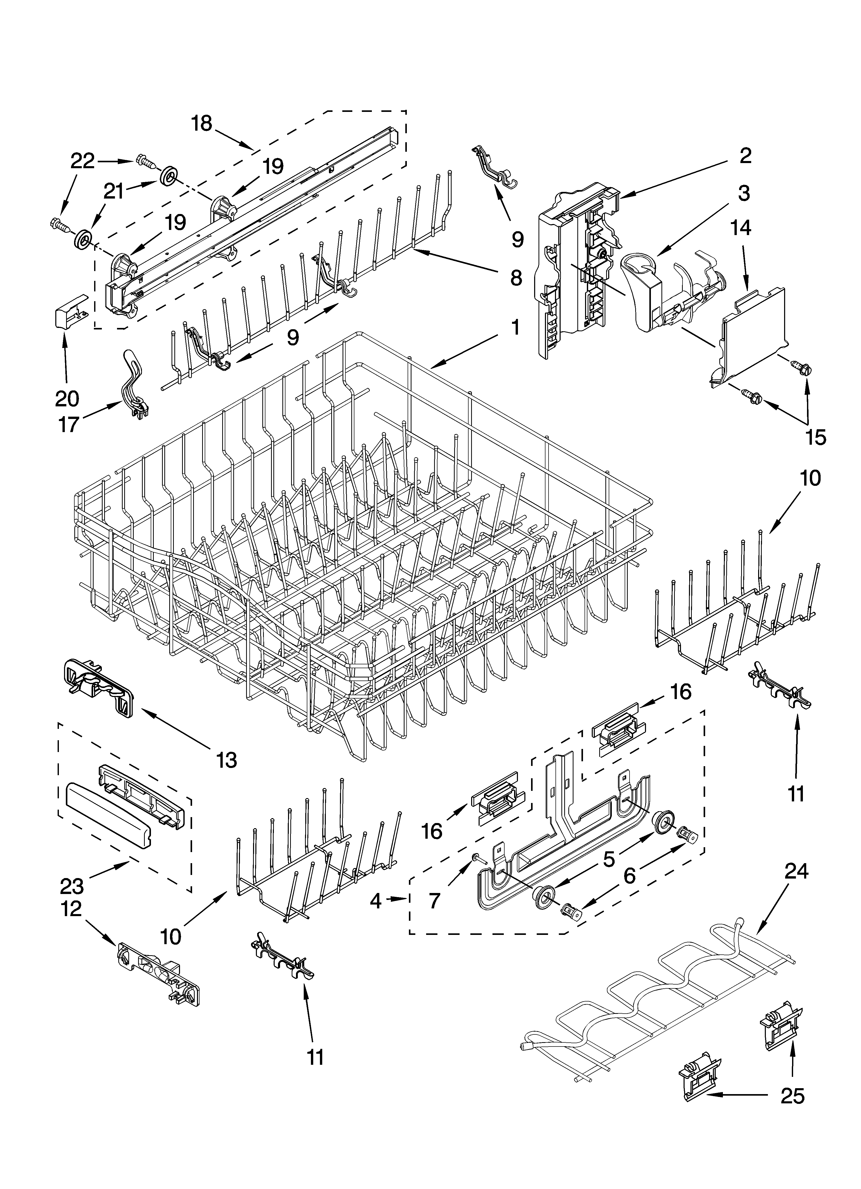KitchenAid KUDU03FTWH3 upper rack and track parts diagram