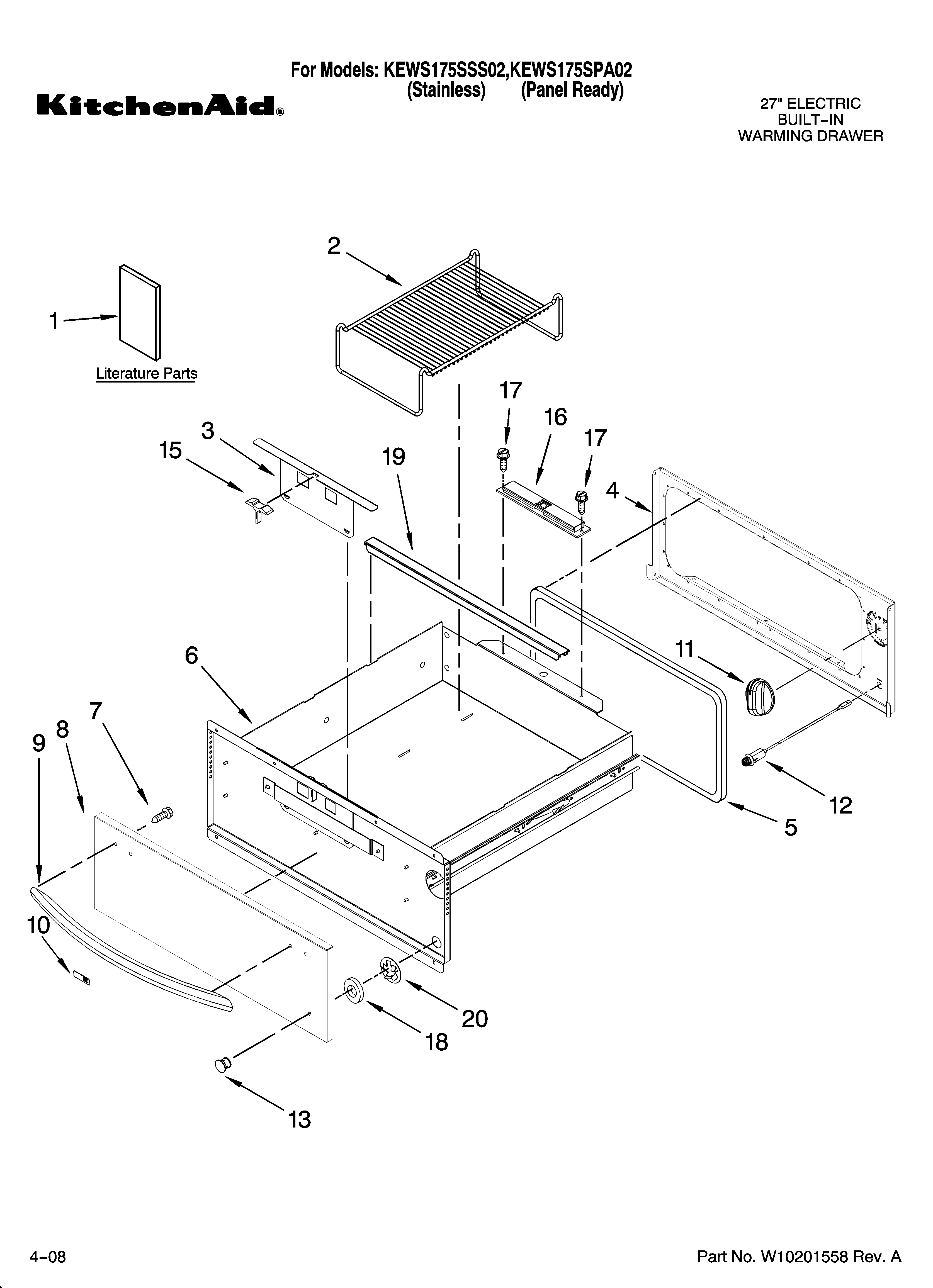 KitchenAid KEWS175SSS02 control, door and drawer parts diagram