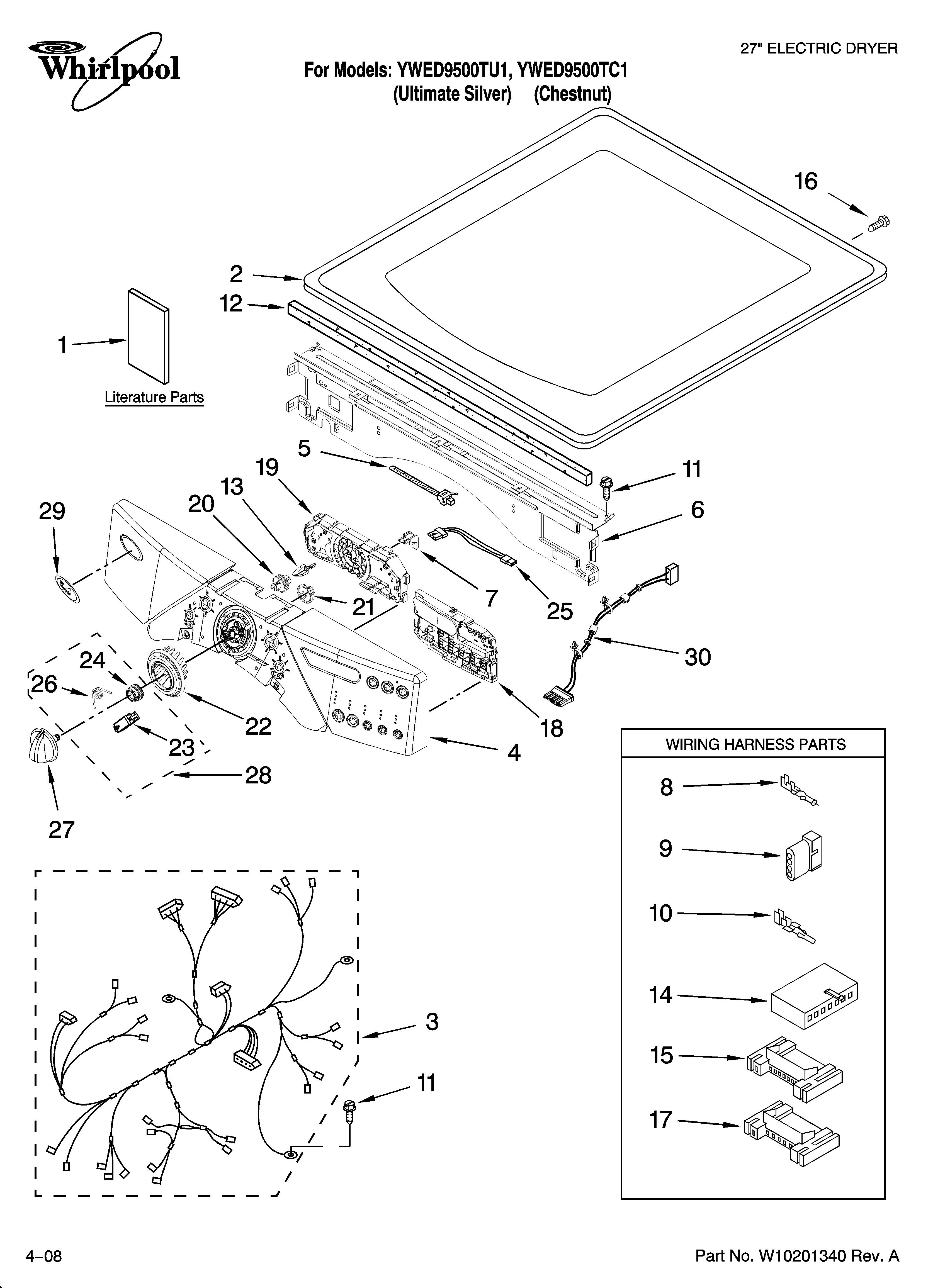 Whirlpool YWED9500TC1 top and console parts diagram