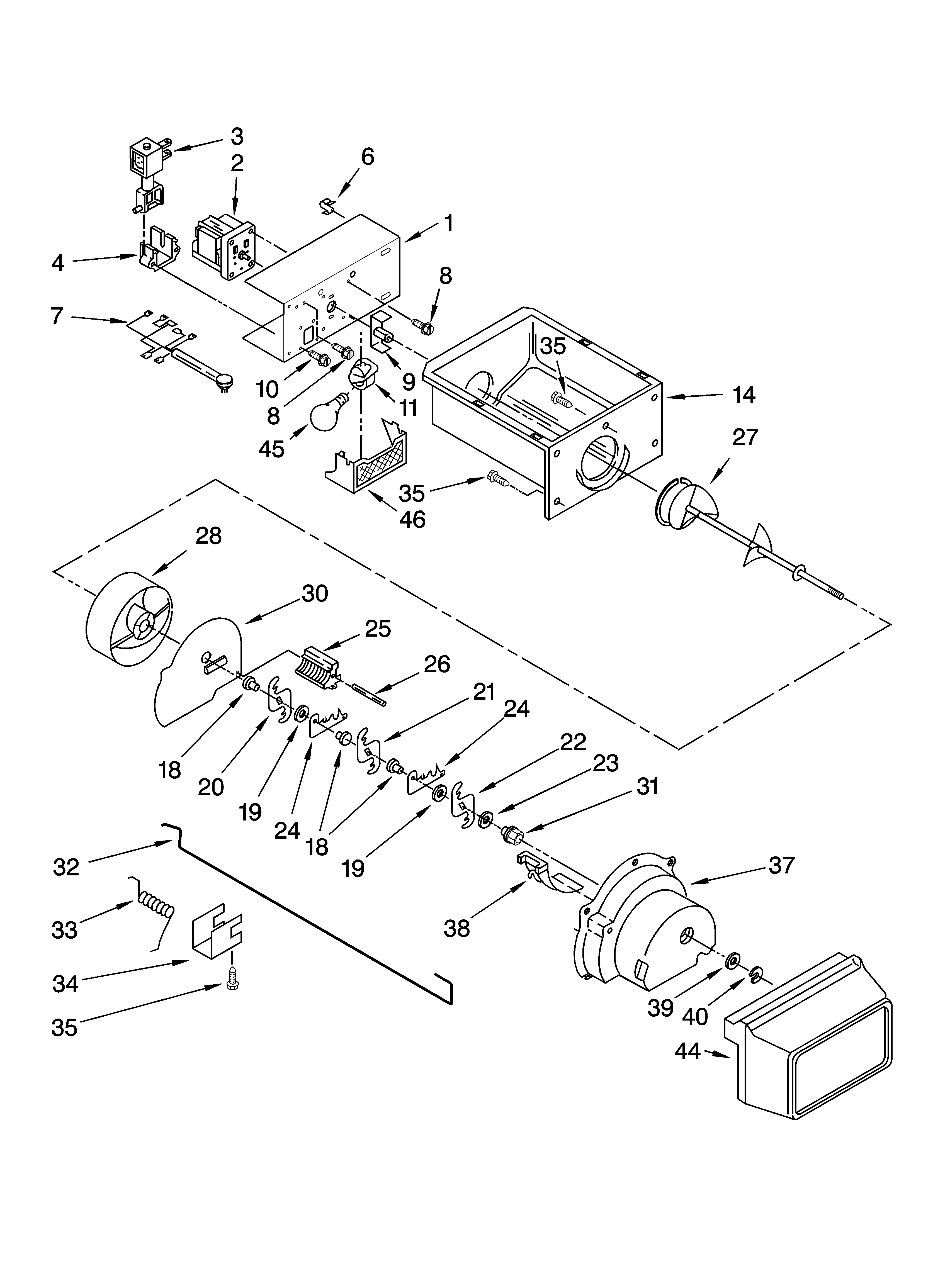 Whirlpool 6GD22DCXHW07 motor and ice container parts diagram