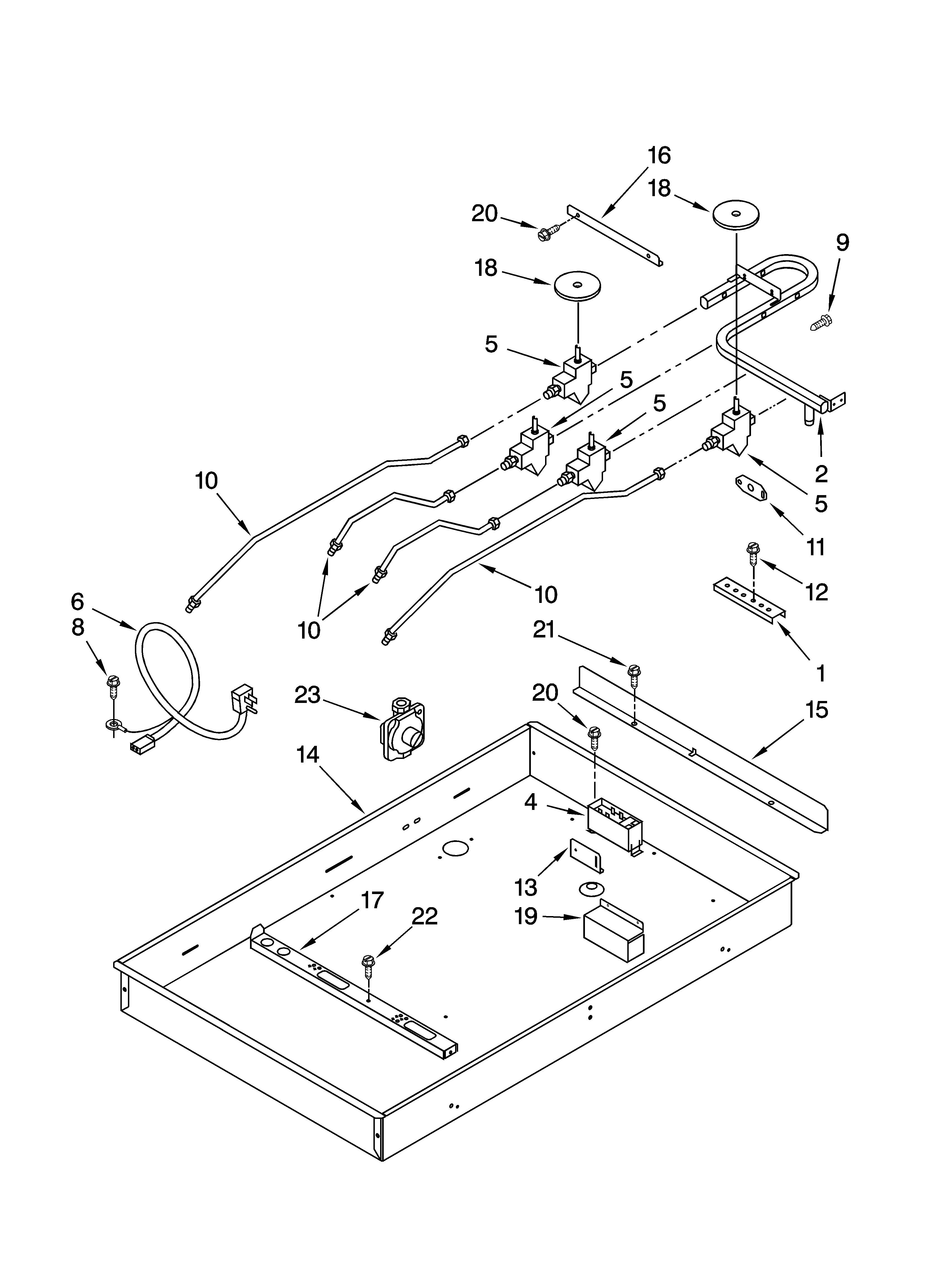 Whirlpool GLT3057RB03 burner box, gas valves, and switches diagram