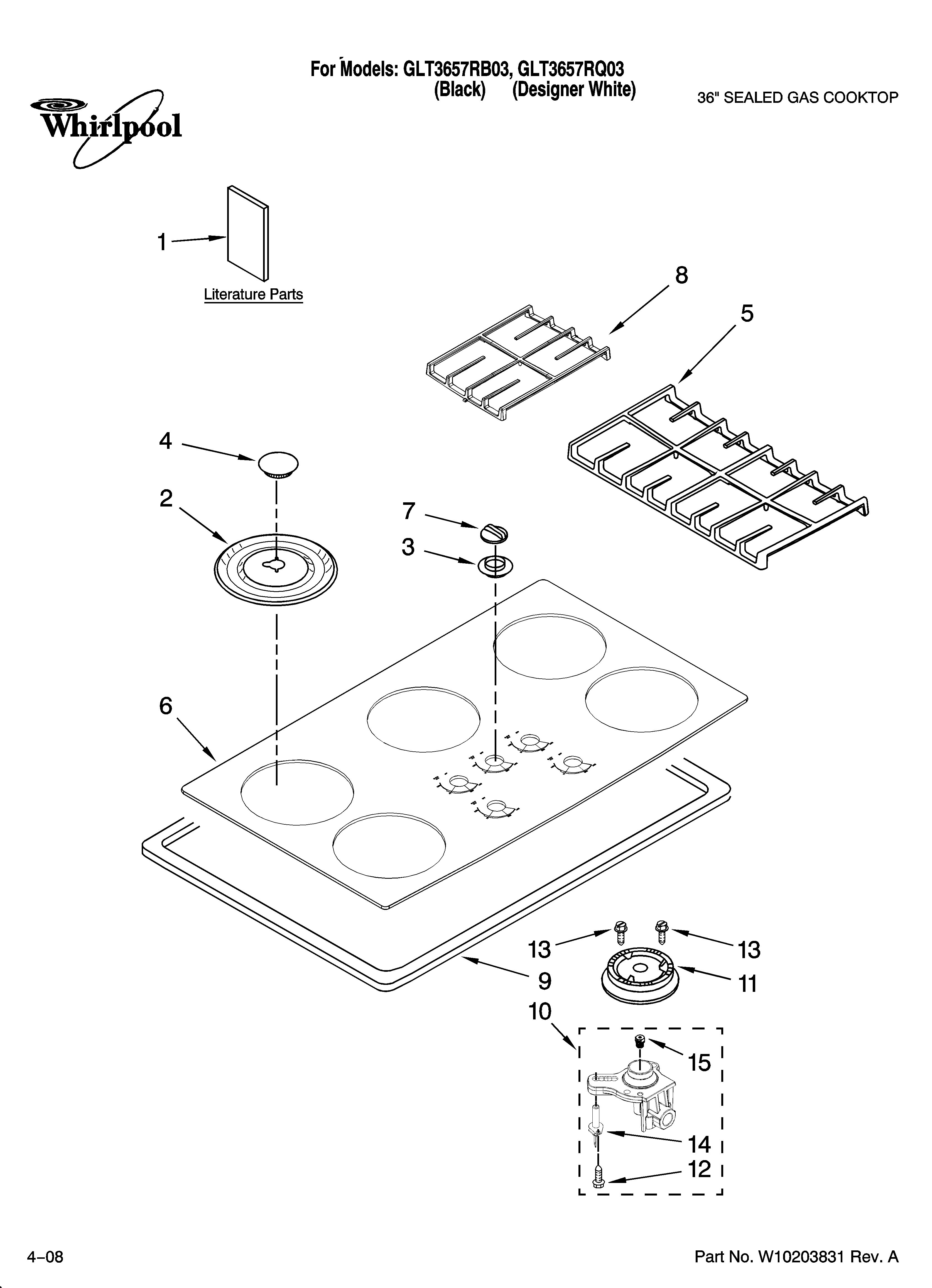 Whirlpool GLT3657RB03 cooktop, burner and grate parts diagram