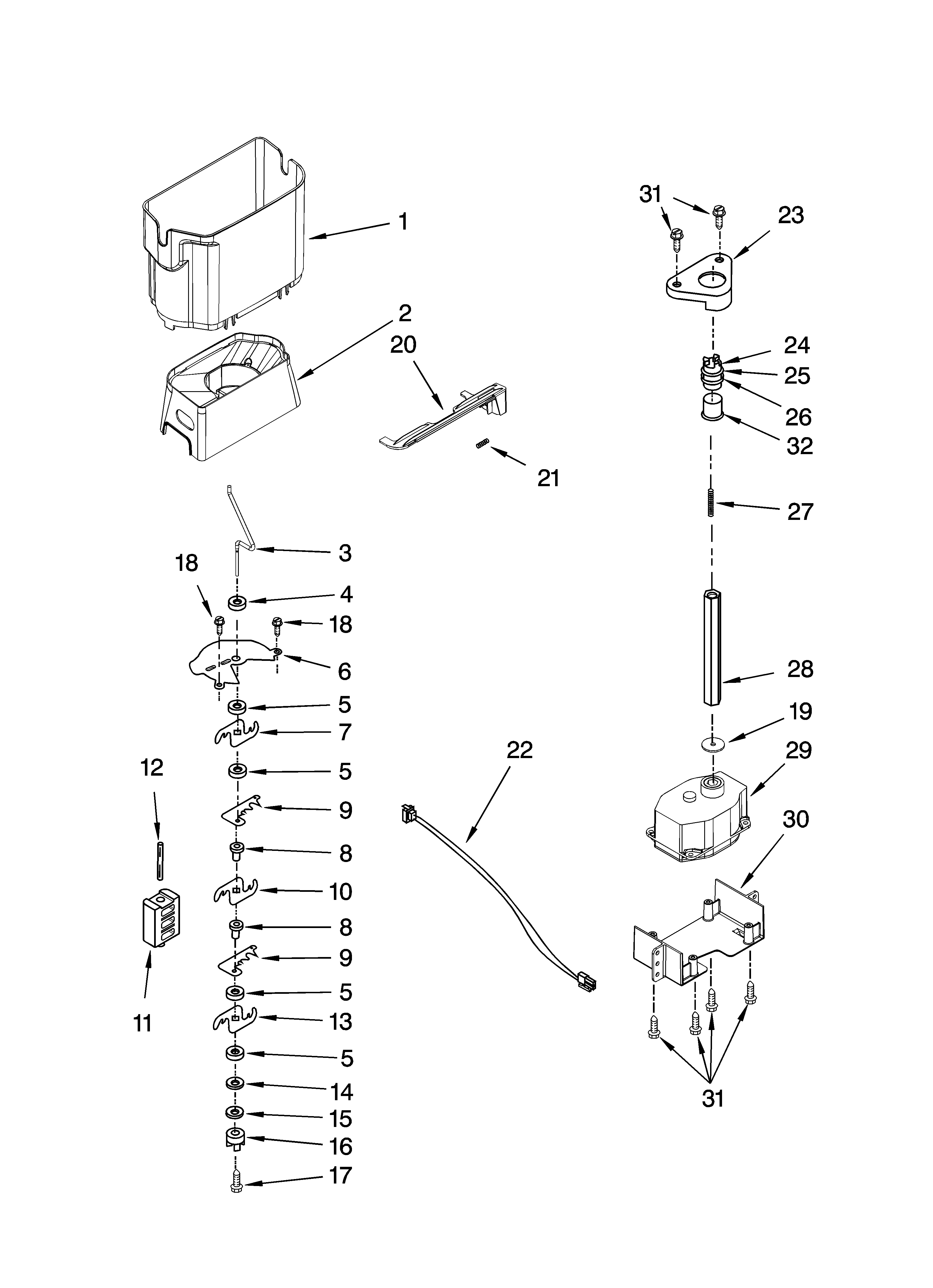 Whirlpool GS6NVEXVQ00 motor and ice container parts diagram