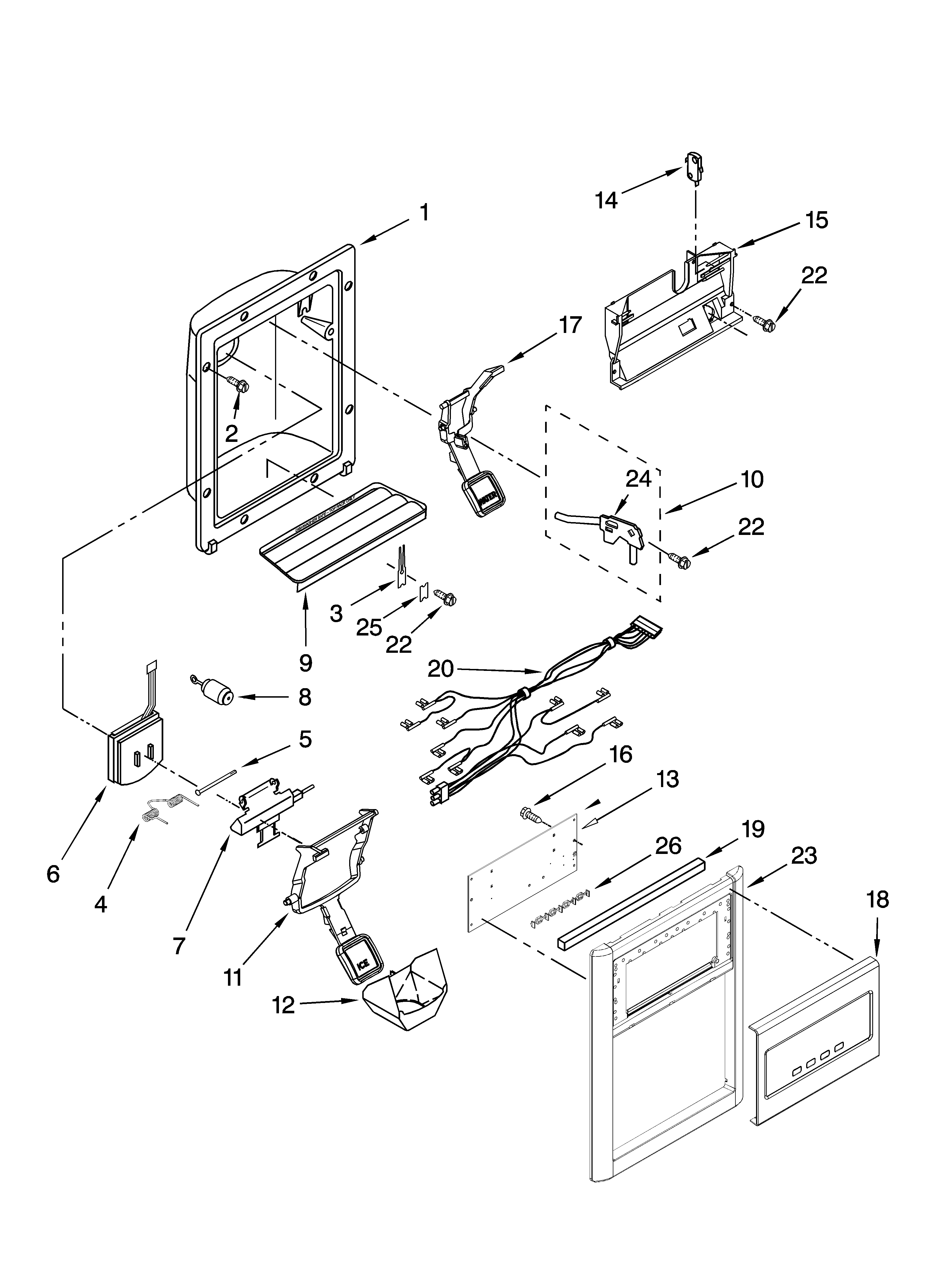 KitchenAid KSRC25FVMS00 dispenser front parts diagram