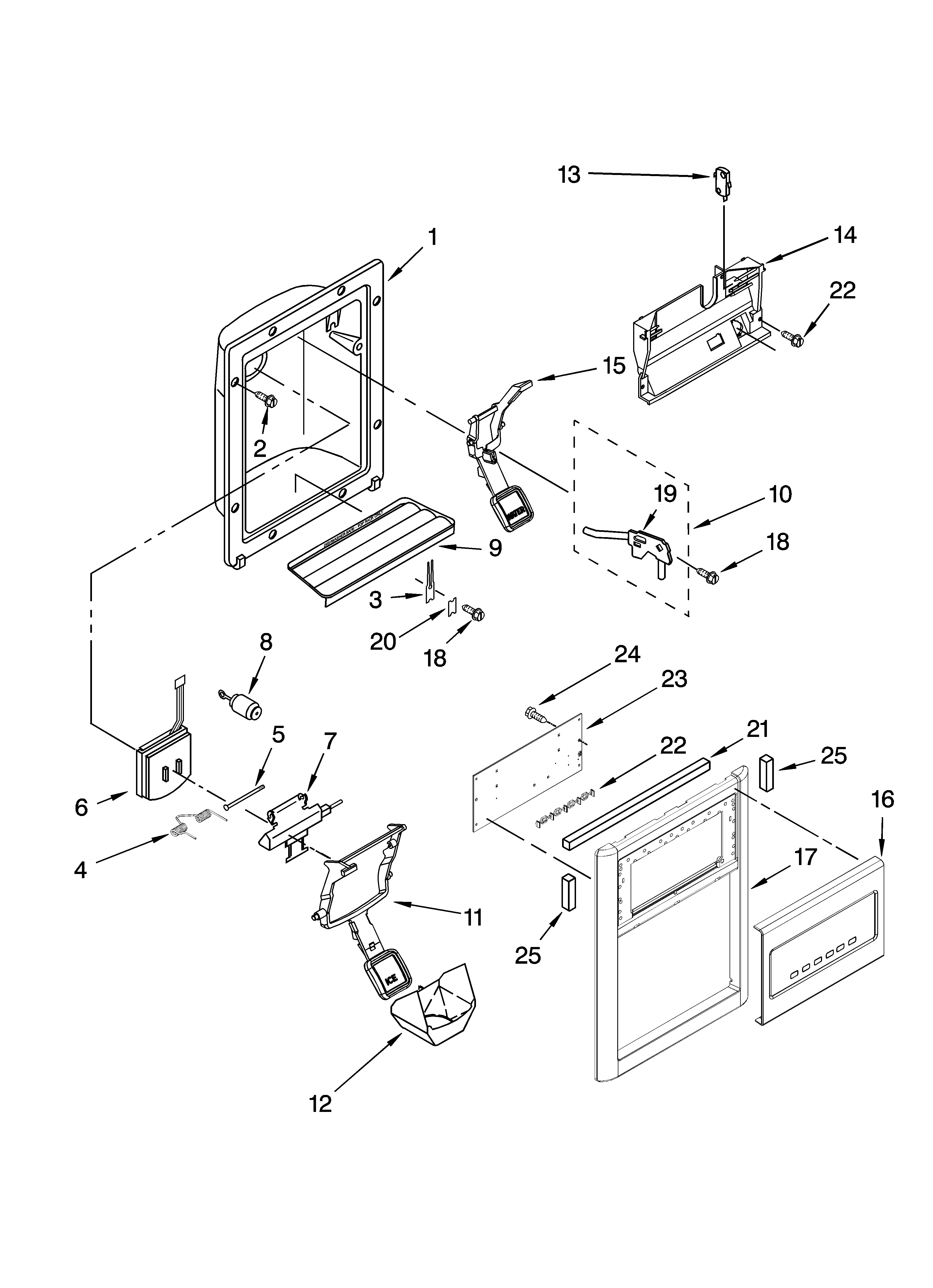 KitchenAid KSRG25FVMS00 dispenser front parts diagram