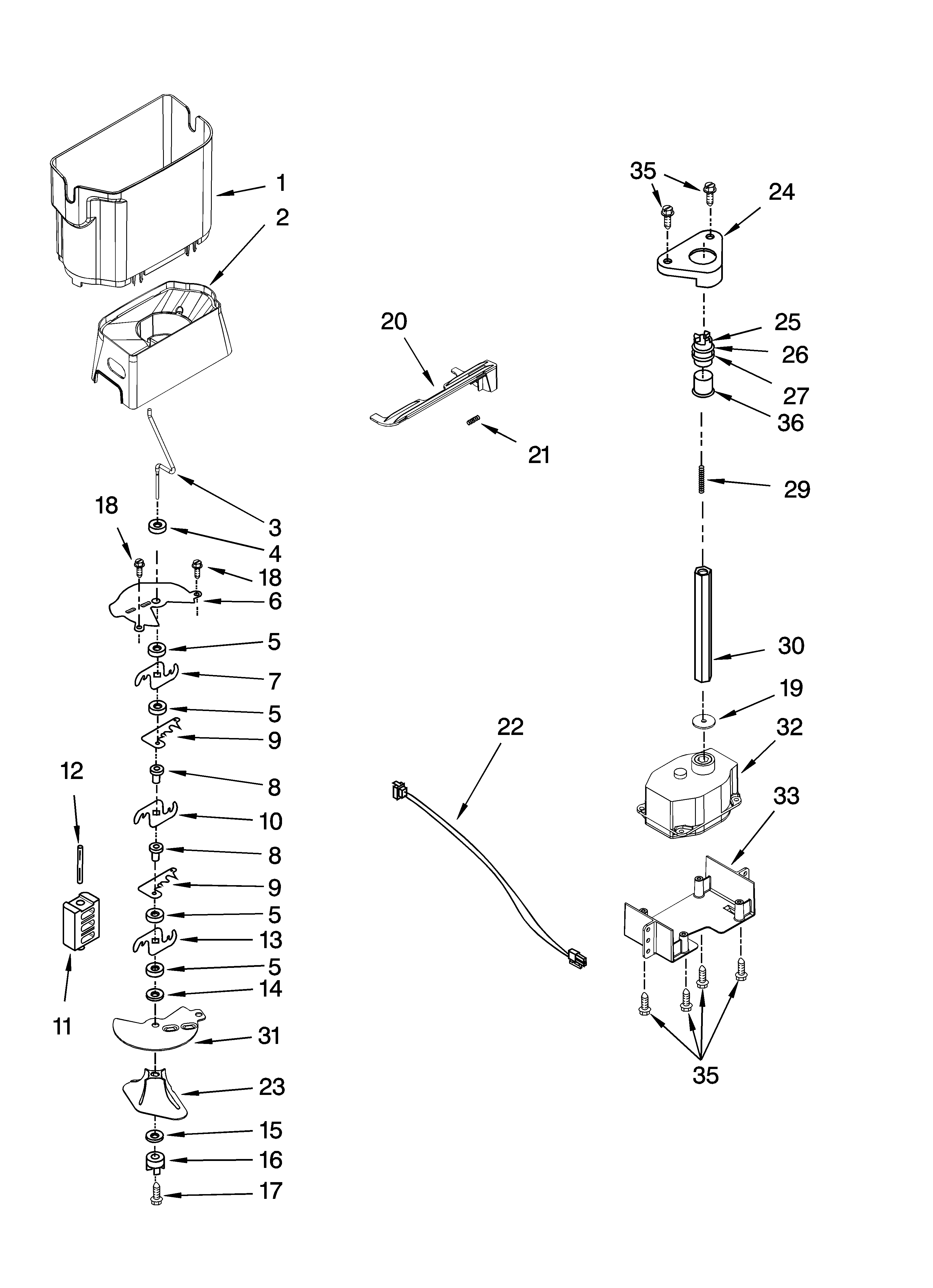 KitchenAid KSRS25FTWH03 motor and ice container parts diagram