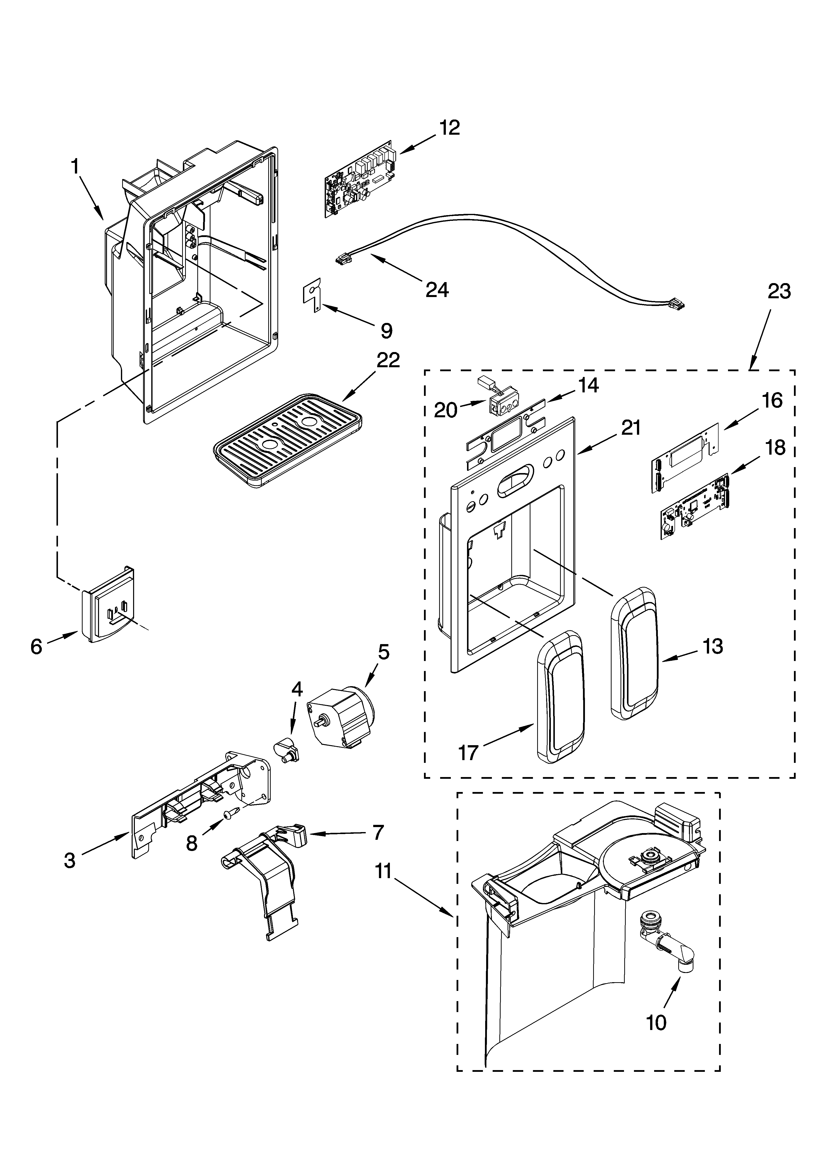 KitchenAid KSRS25FTWH03 dispenser front parts diagram