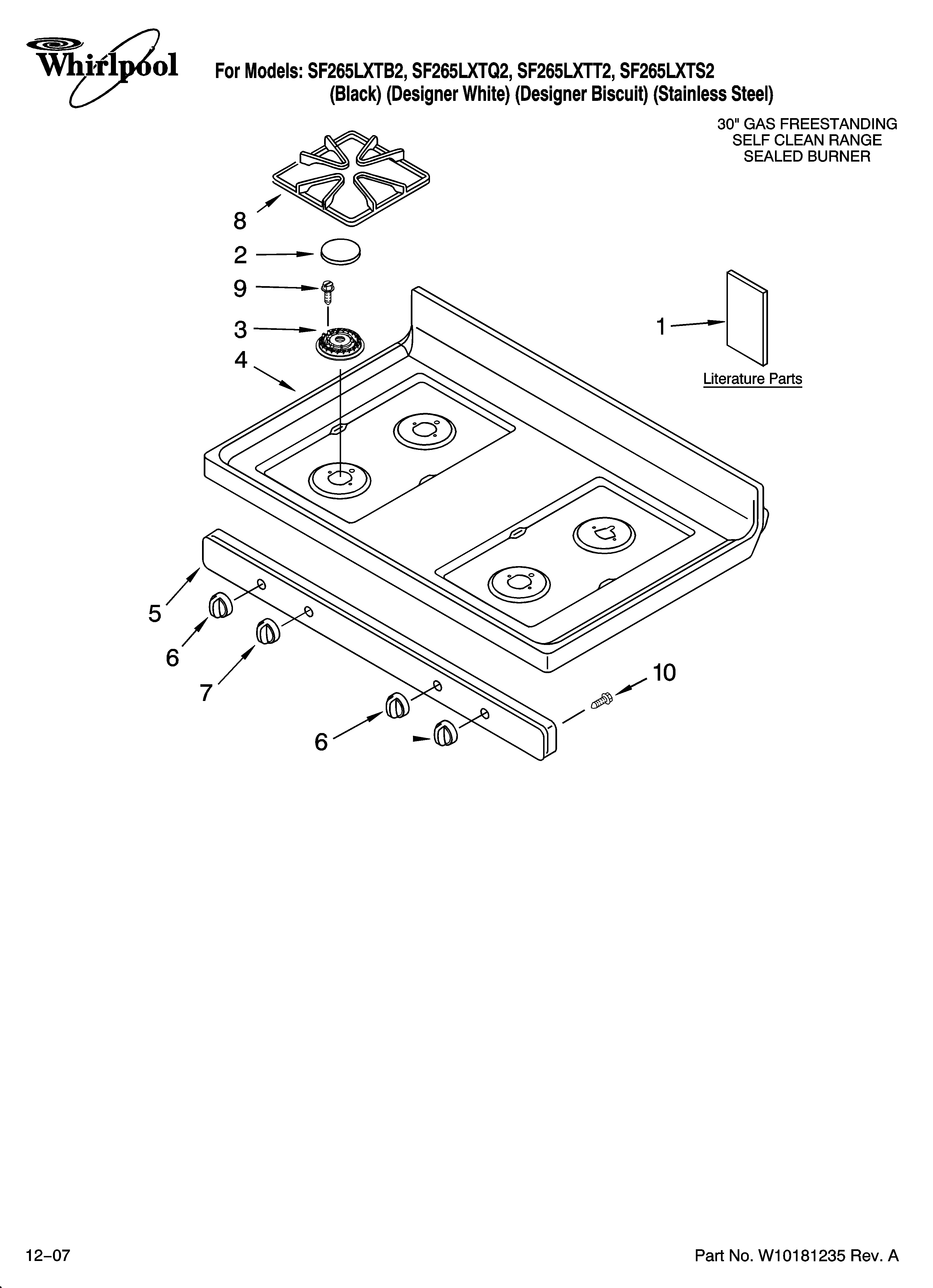 Whirlpool SF265LXTB2 cooktop parts diagram