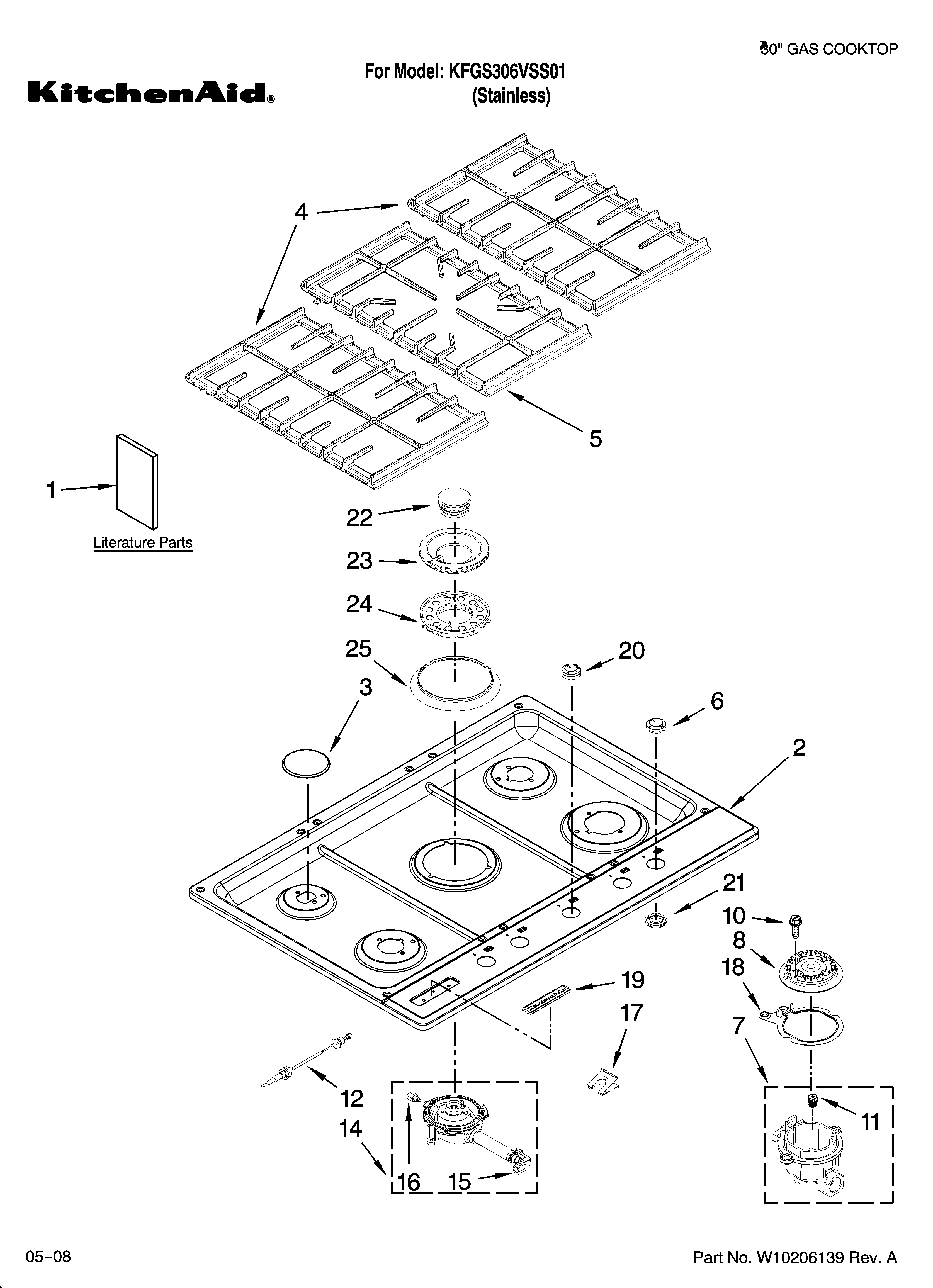 KitchenAid KFGS306VSS01 cooktop, burner and grate parts diagram