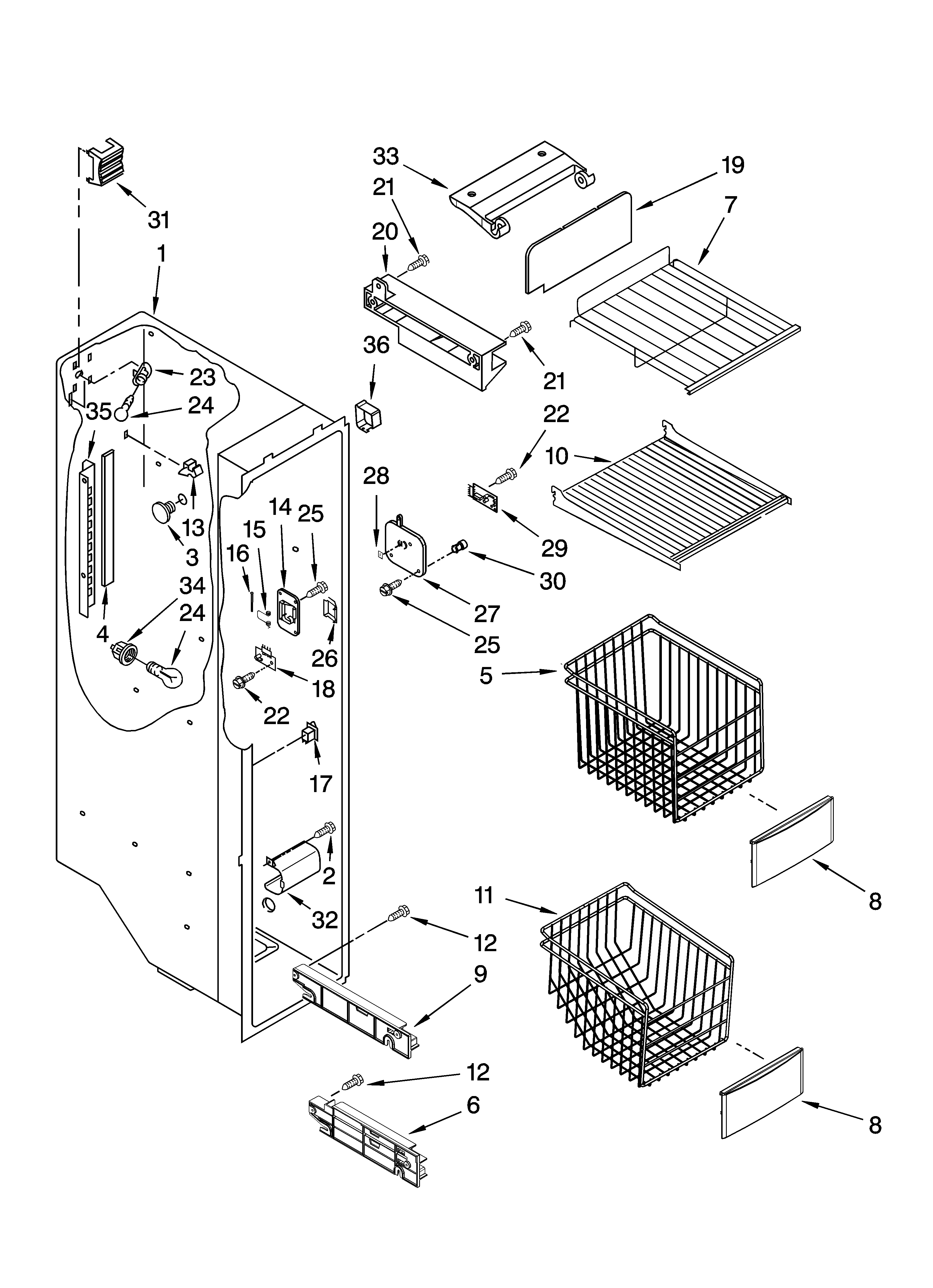 KitchenAid KSRP25FTWH02 freezer liner parts diagram