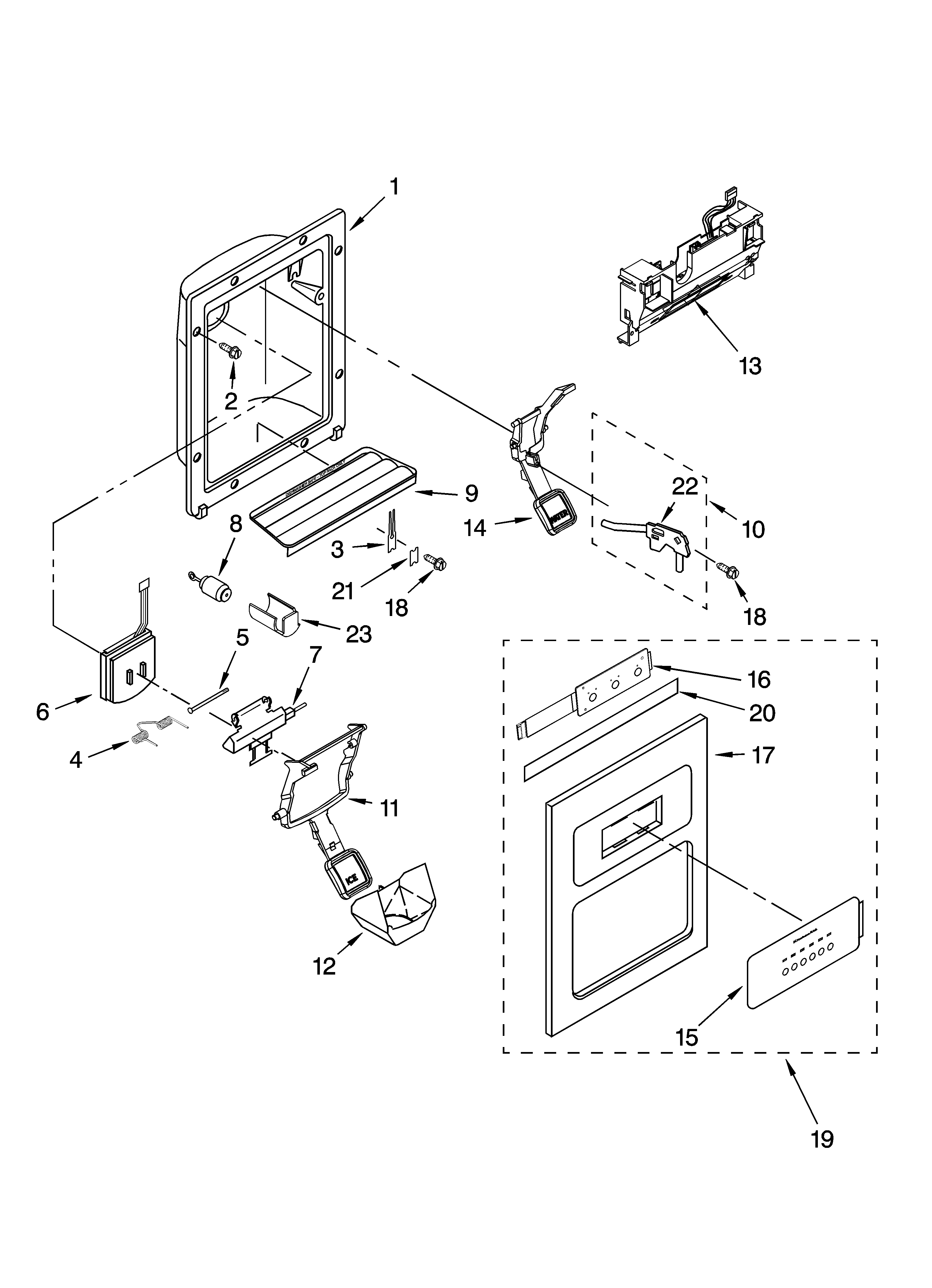 KitchenAid KSRP25FTWH02 dispenser front parts diagram