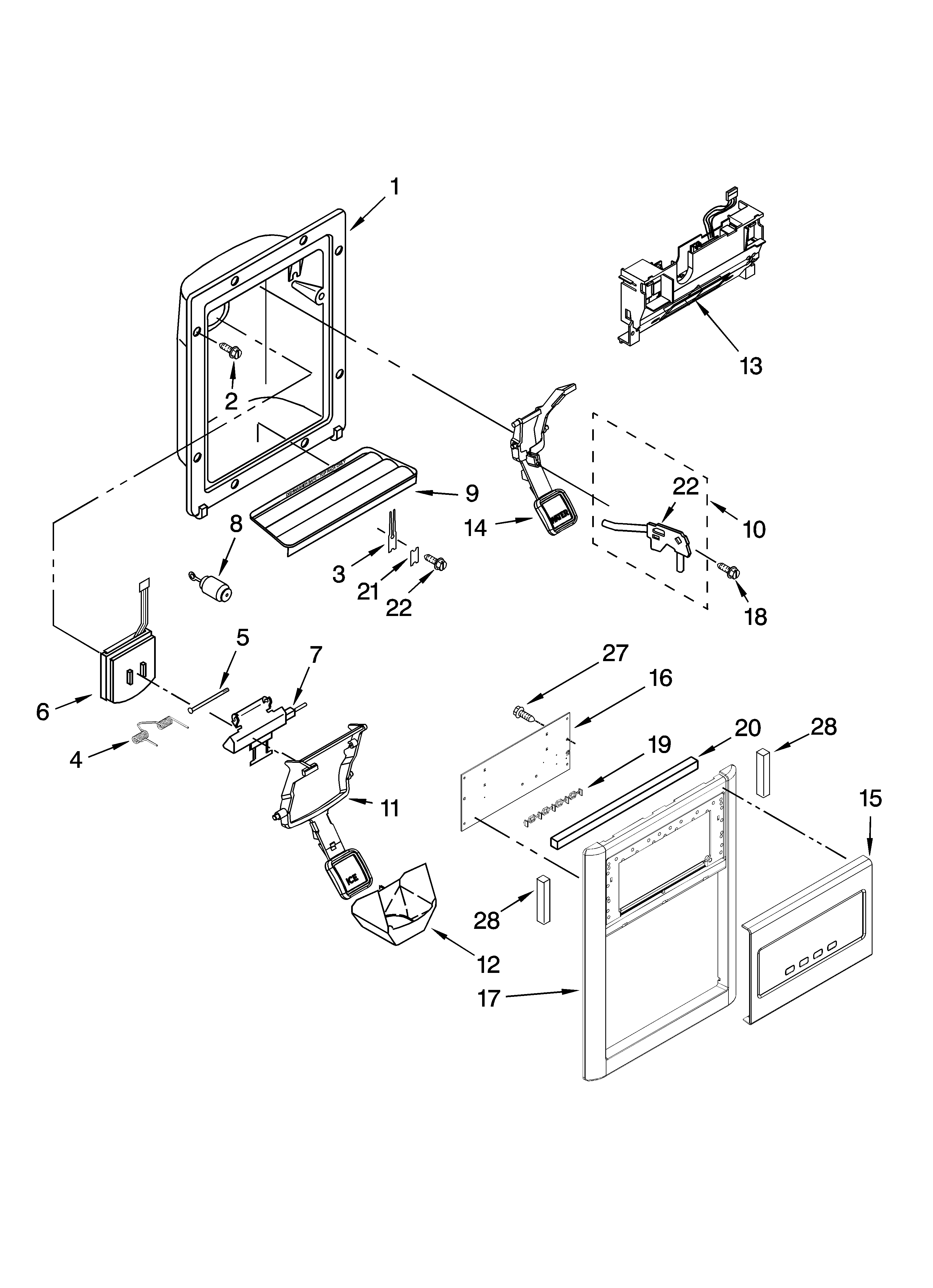 KitchenAid KSRX25FVBL00 dispenser front parts diagram