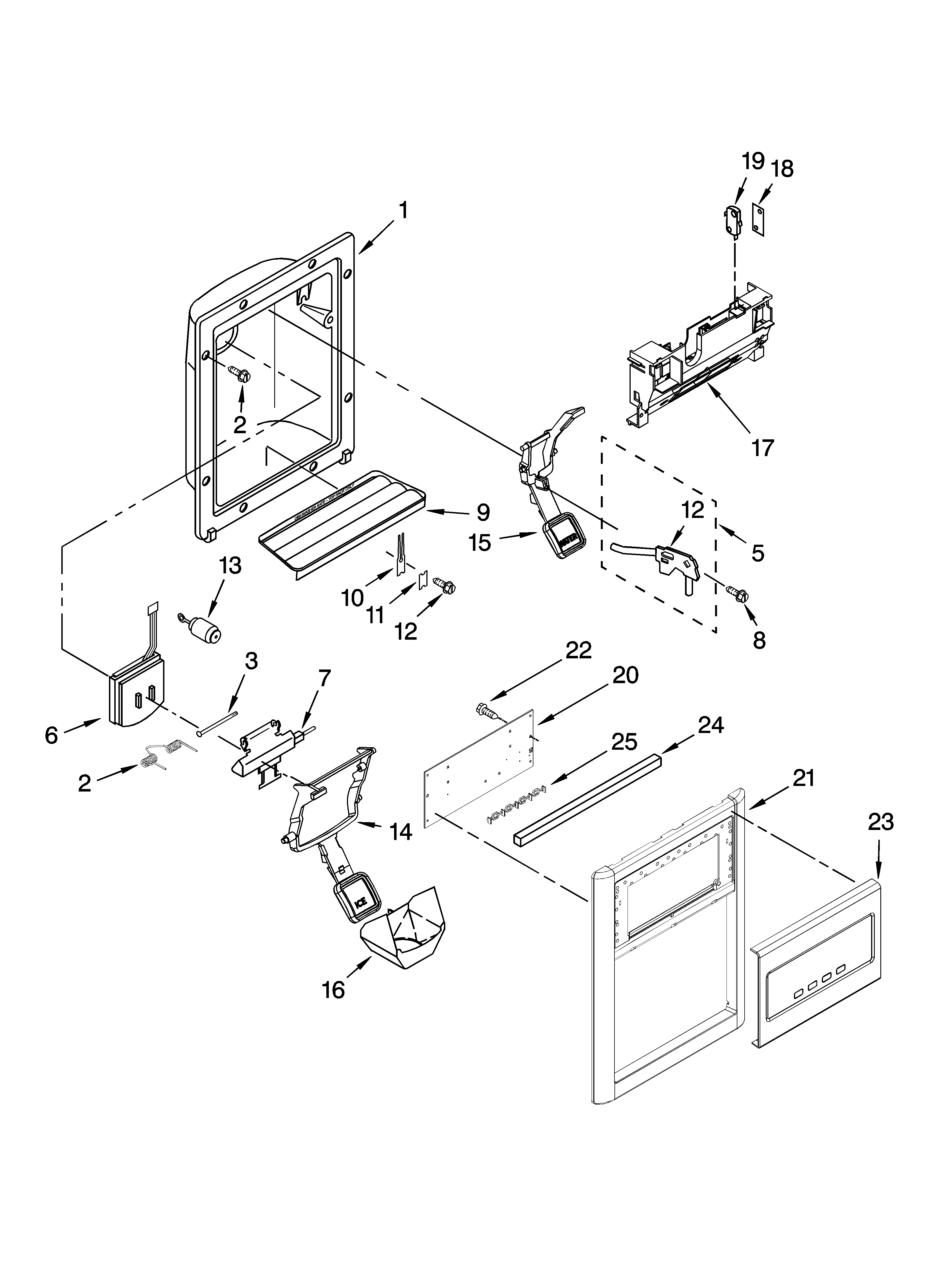Whirlpool GS5SVAXVQ00 dispenser front parts diagram
