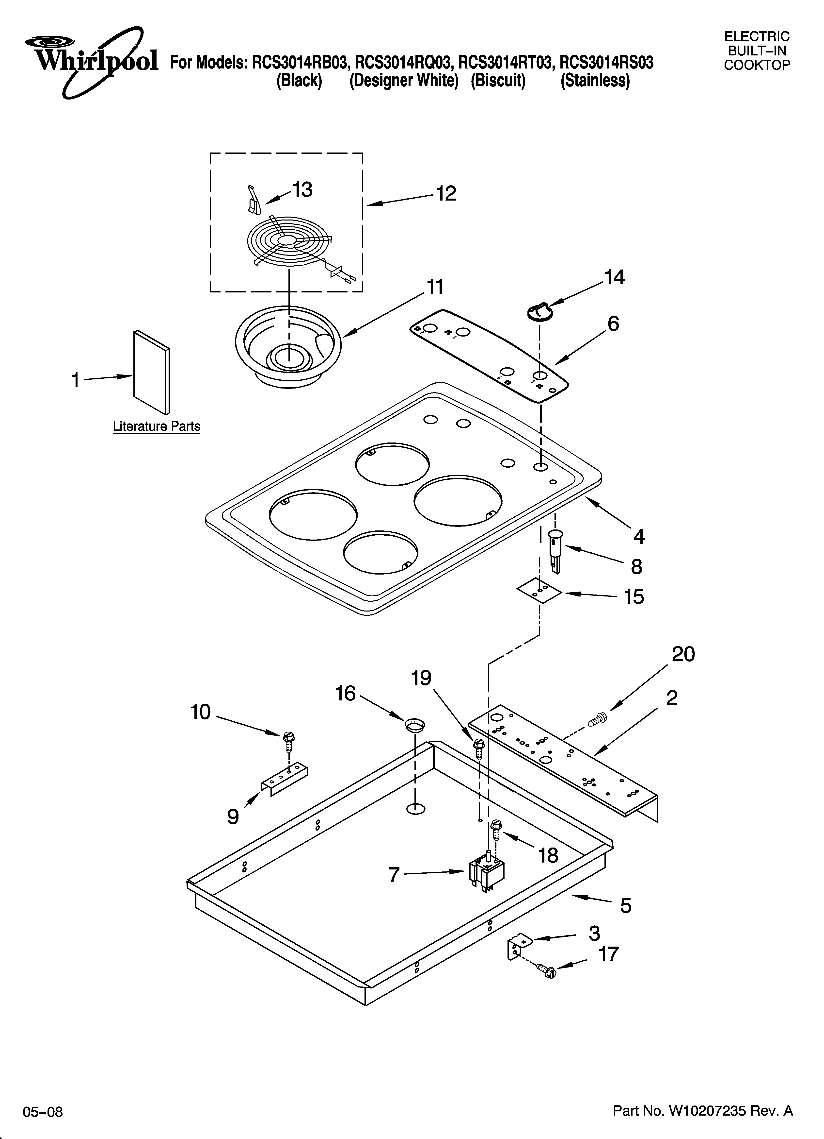 Whirlpool RCS3014RQ03 cooktop parts diagram