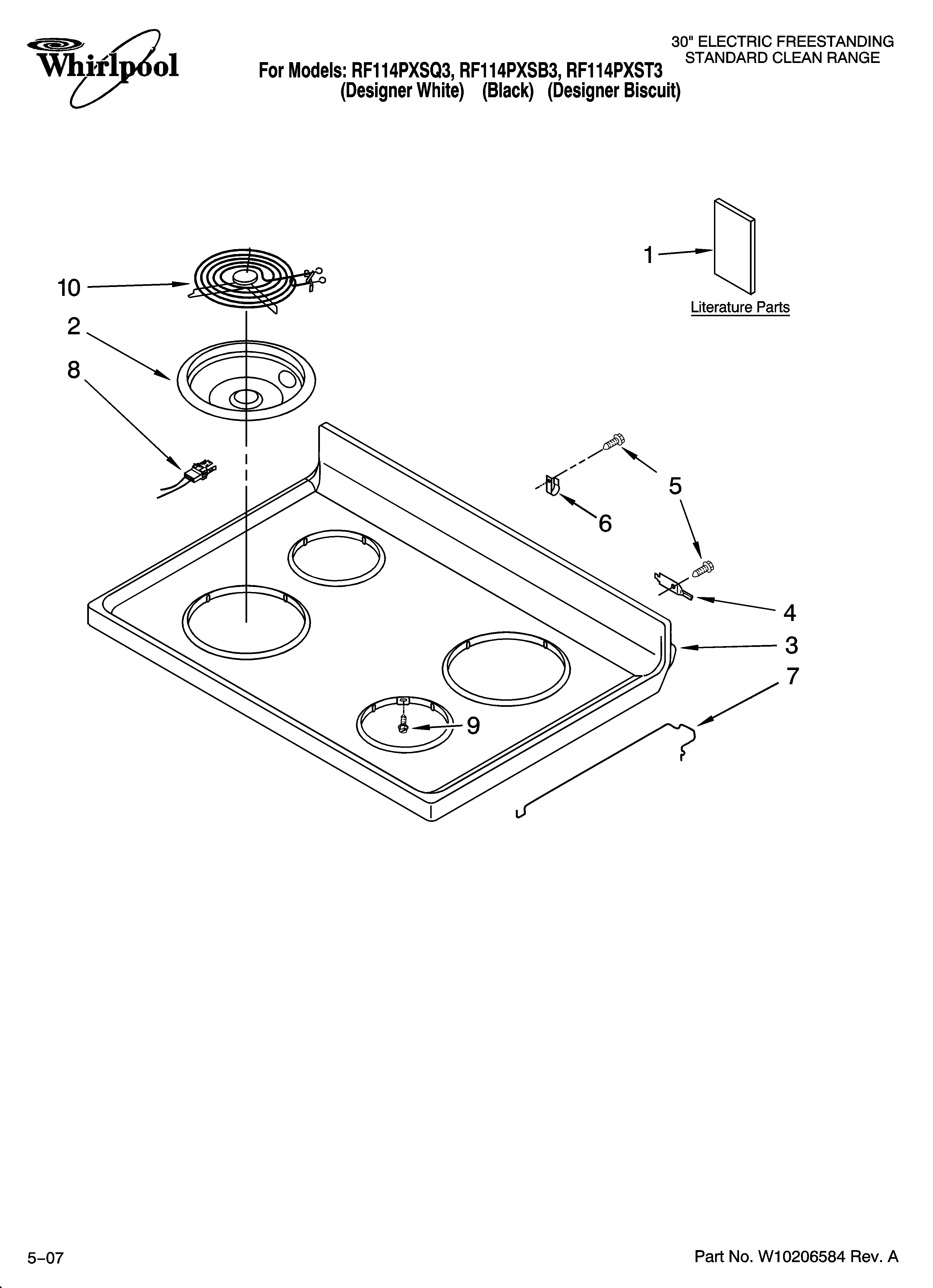 Whirlpool RF114PXST3 cooktop parts diagram