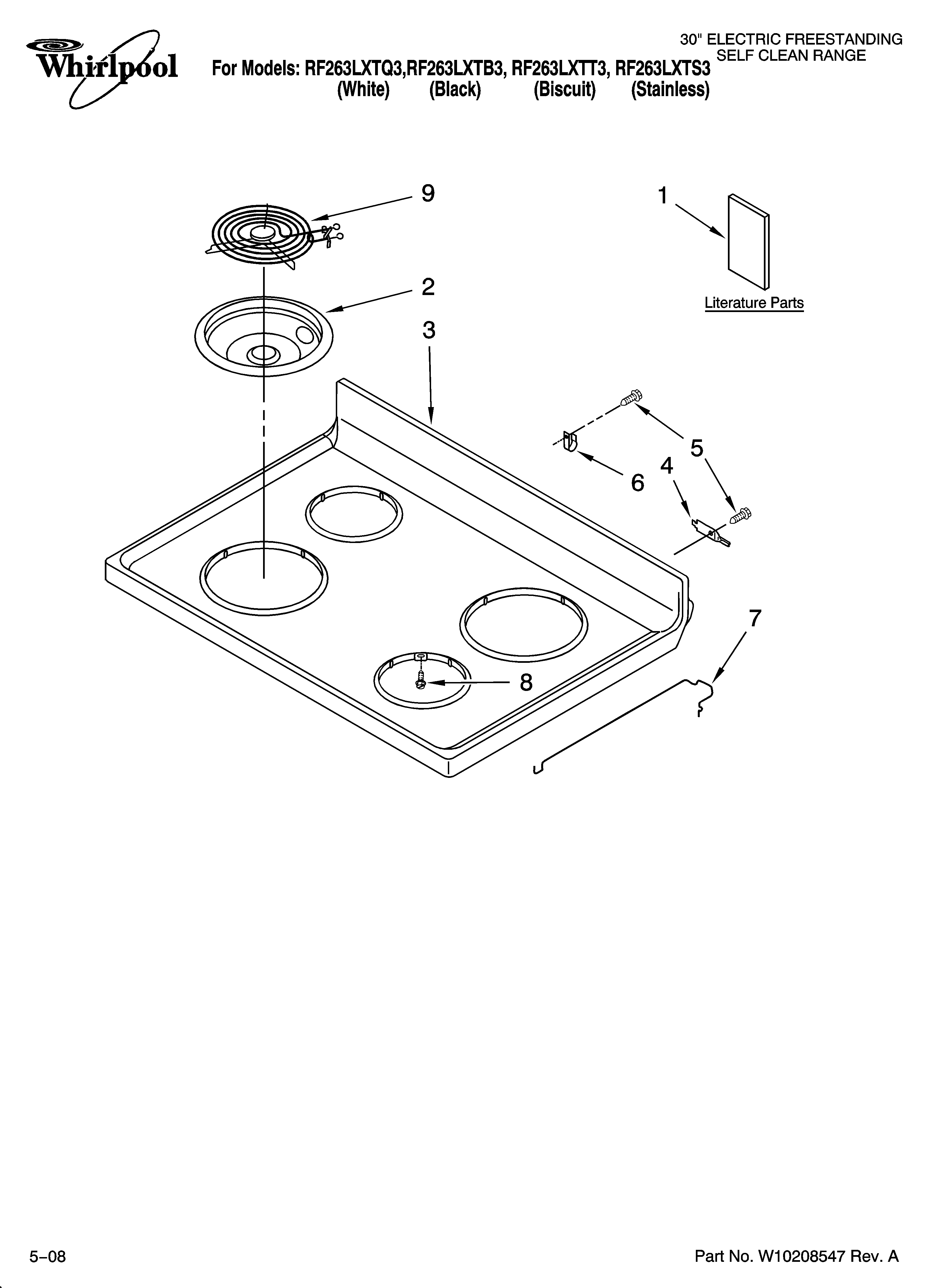 Whirlpool RF263LXTB3 cooktop parts diagram