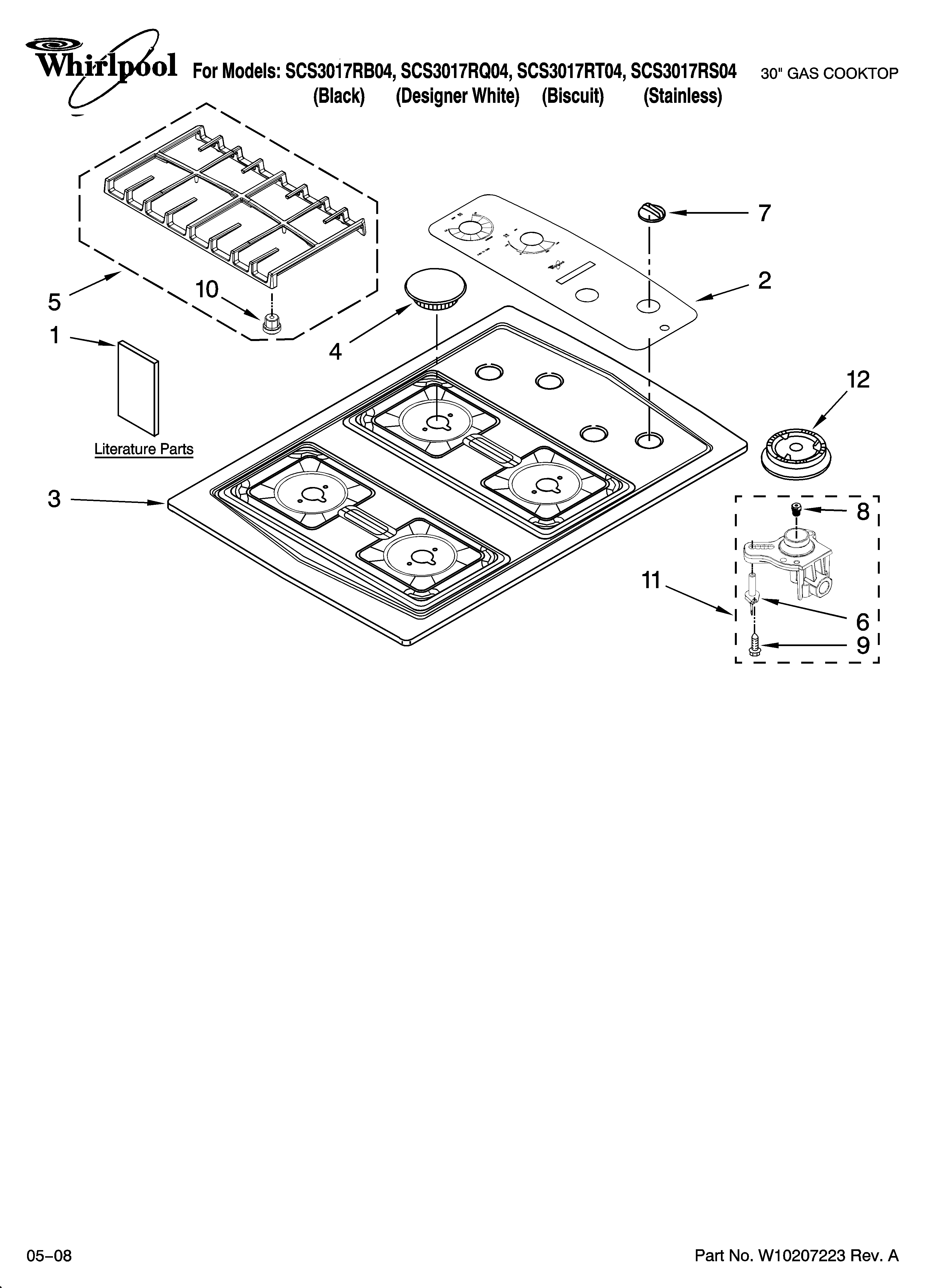 Whirlpool SCS3017RQ04 cooktop, burner and grate parts diagram