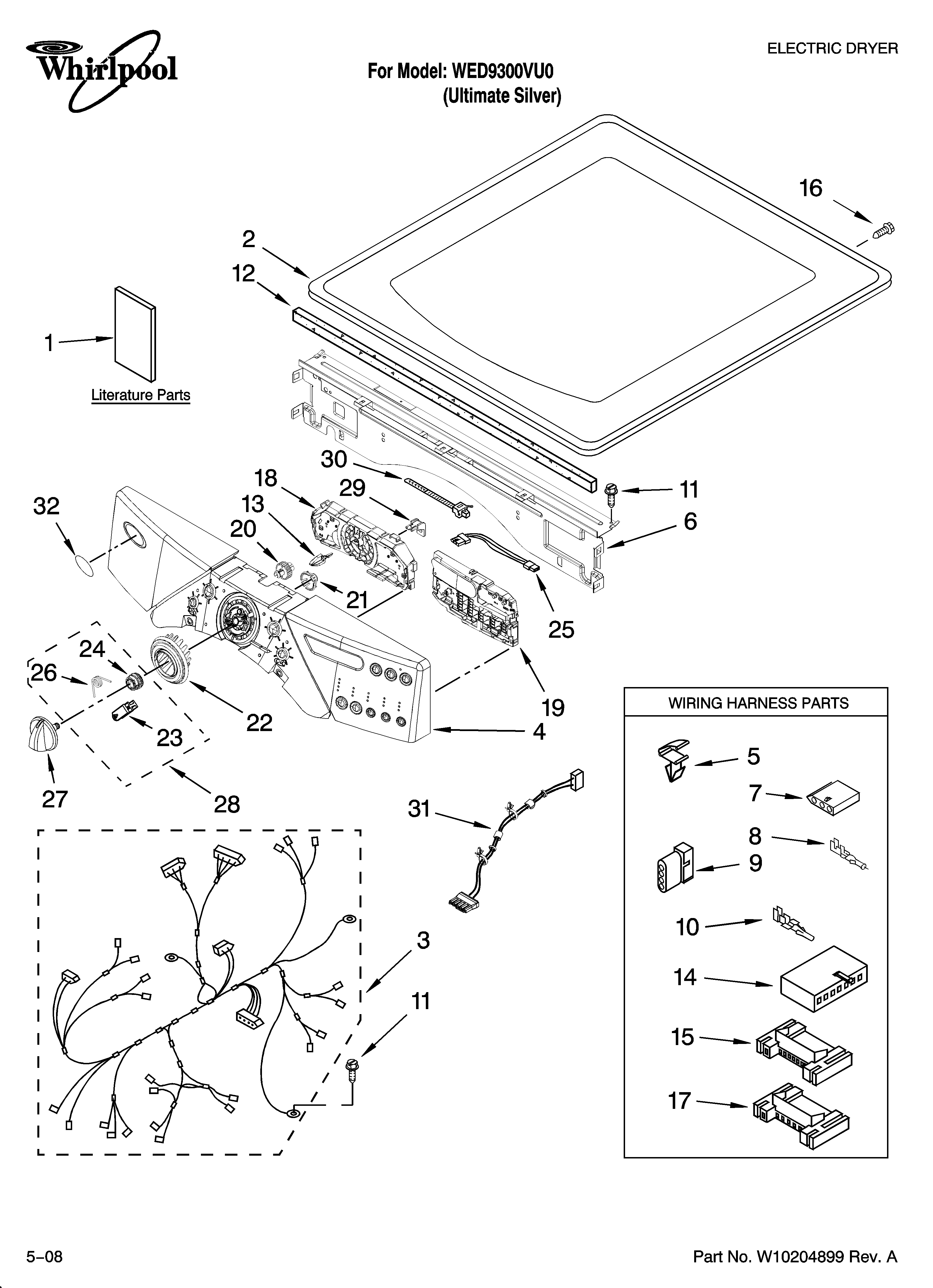 Whirlpool WED9300VU0 top and console parts diagram