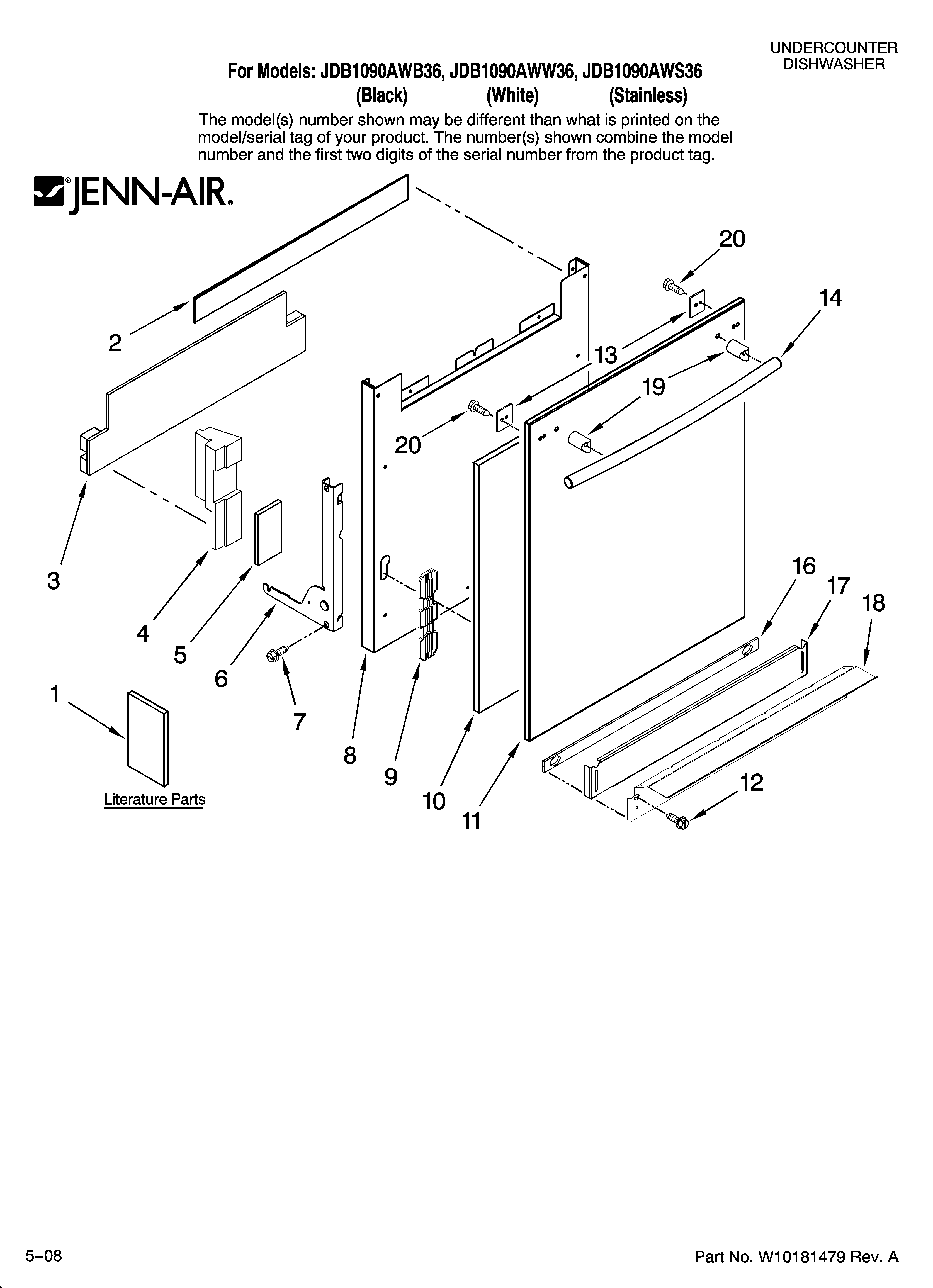 Jenn-Air JDB1090AWS36 door and panel parts diagram