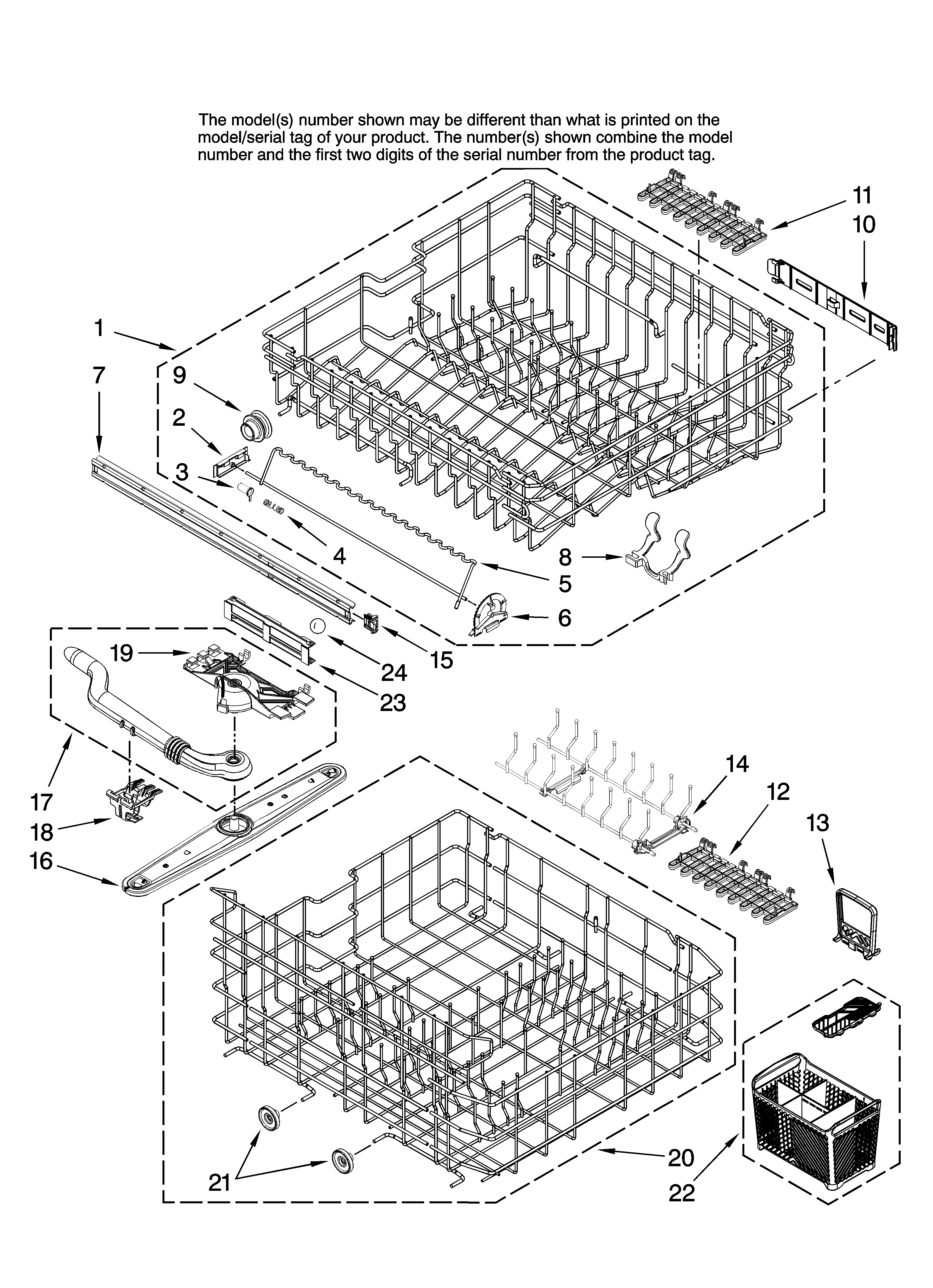 Jenn-Air JDB1090AWS36 upper and lower rack parts diagram