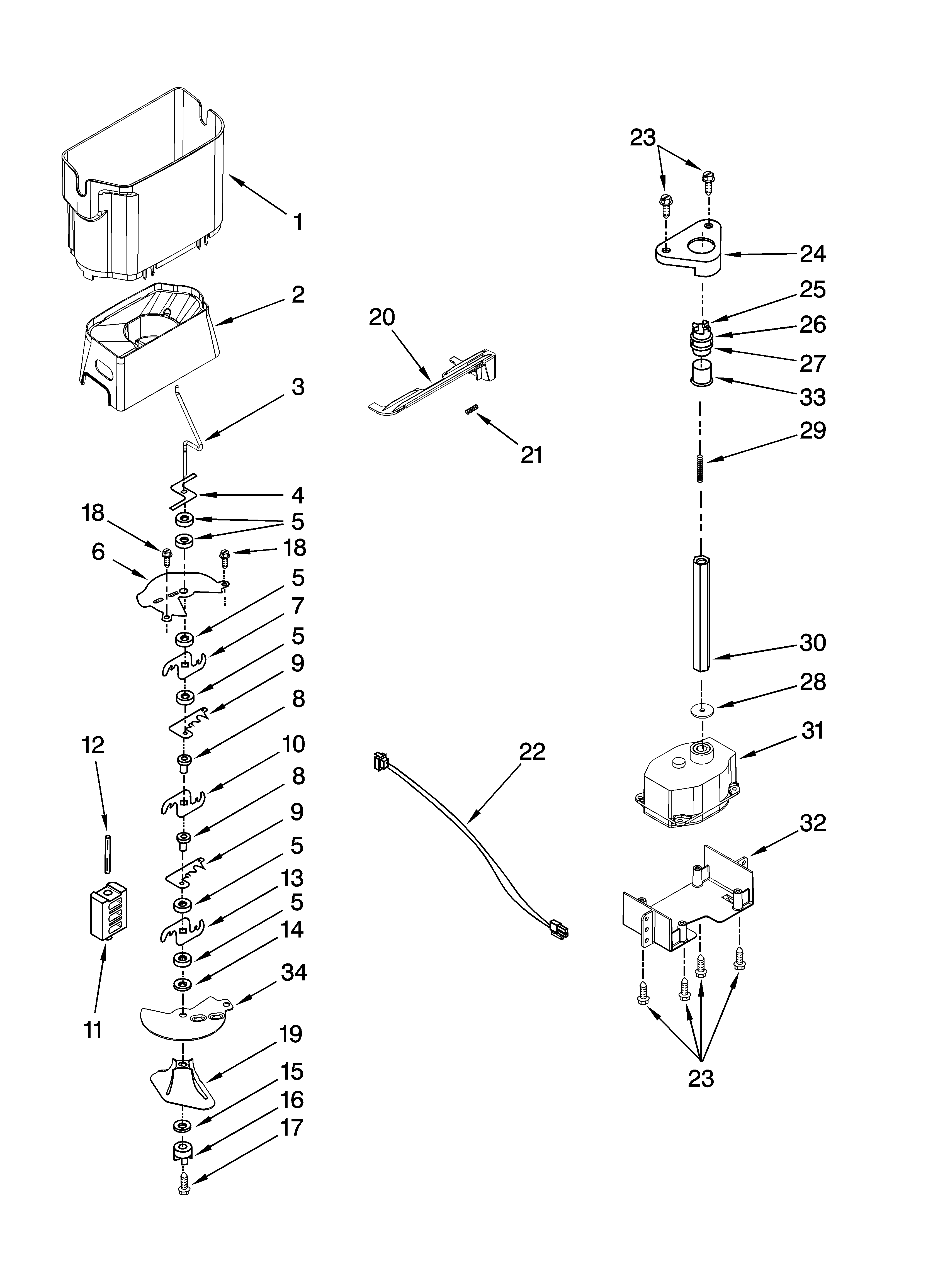 KitchenAid KSCS23FVWH01 motor and ice container parts diagram