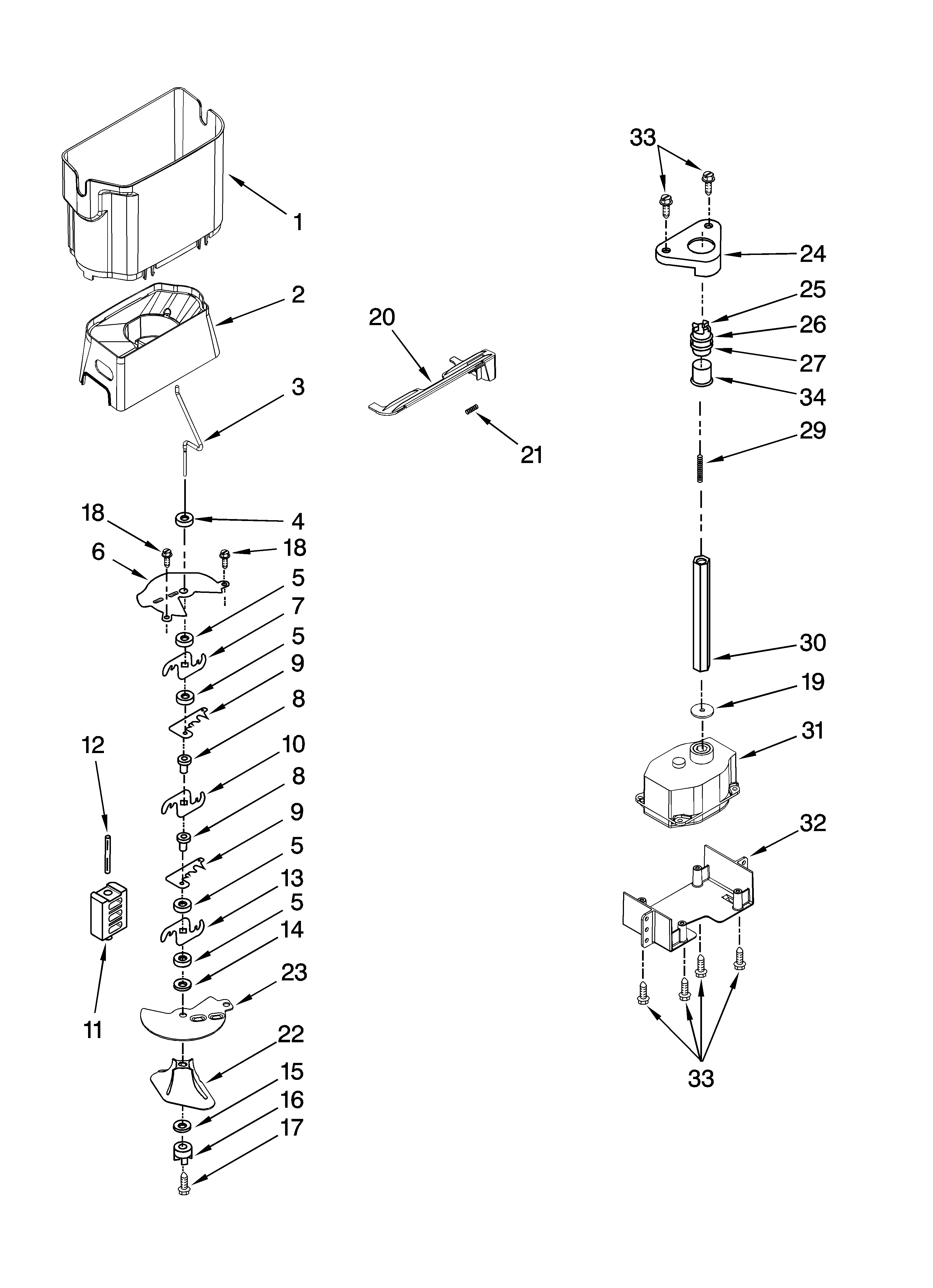 KitchenAid KSRS25RSMS03 motor and ice container parts diagram