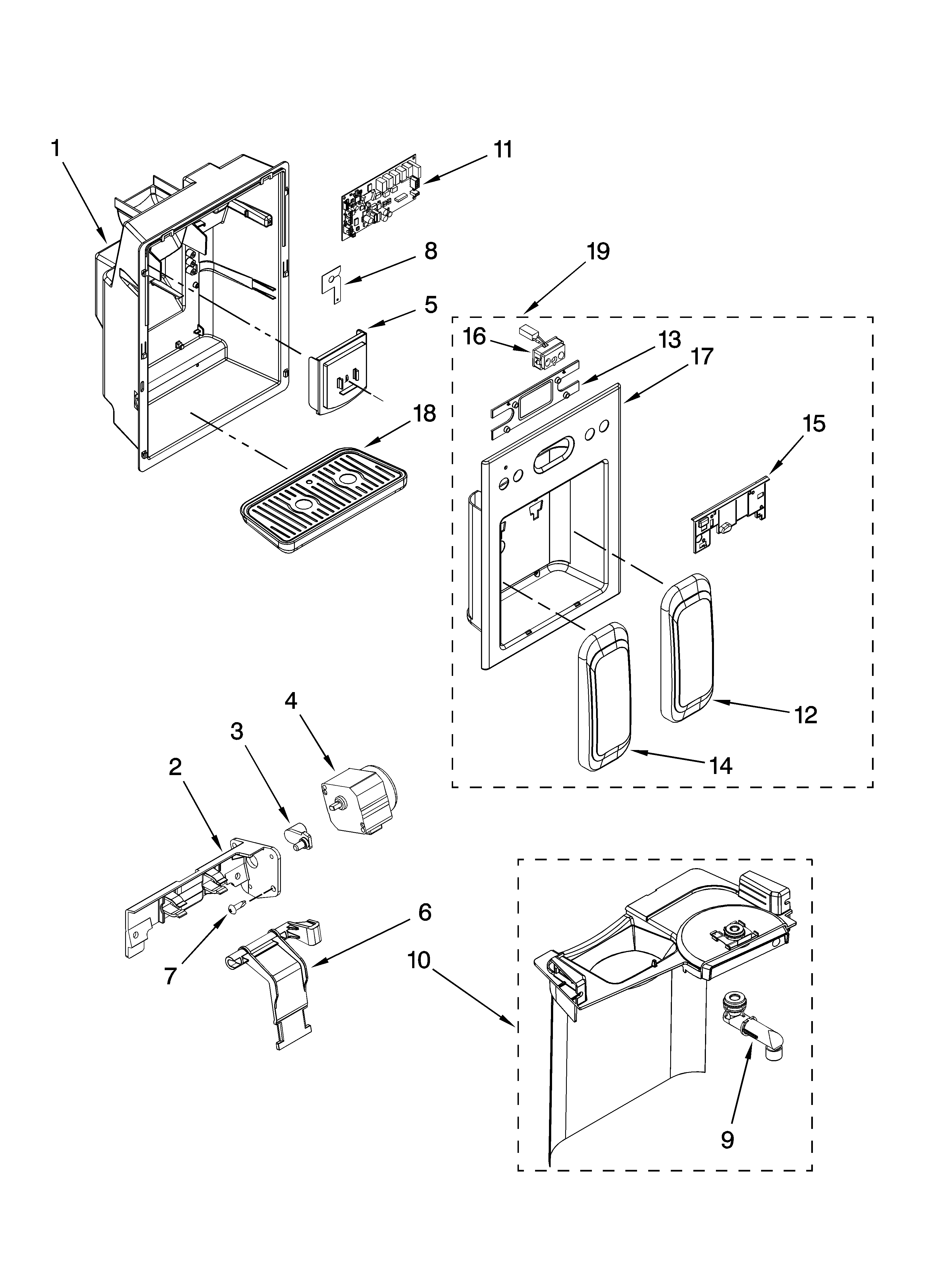 KitchenAid KSRS25RSMS03 dispenser front parts diagram