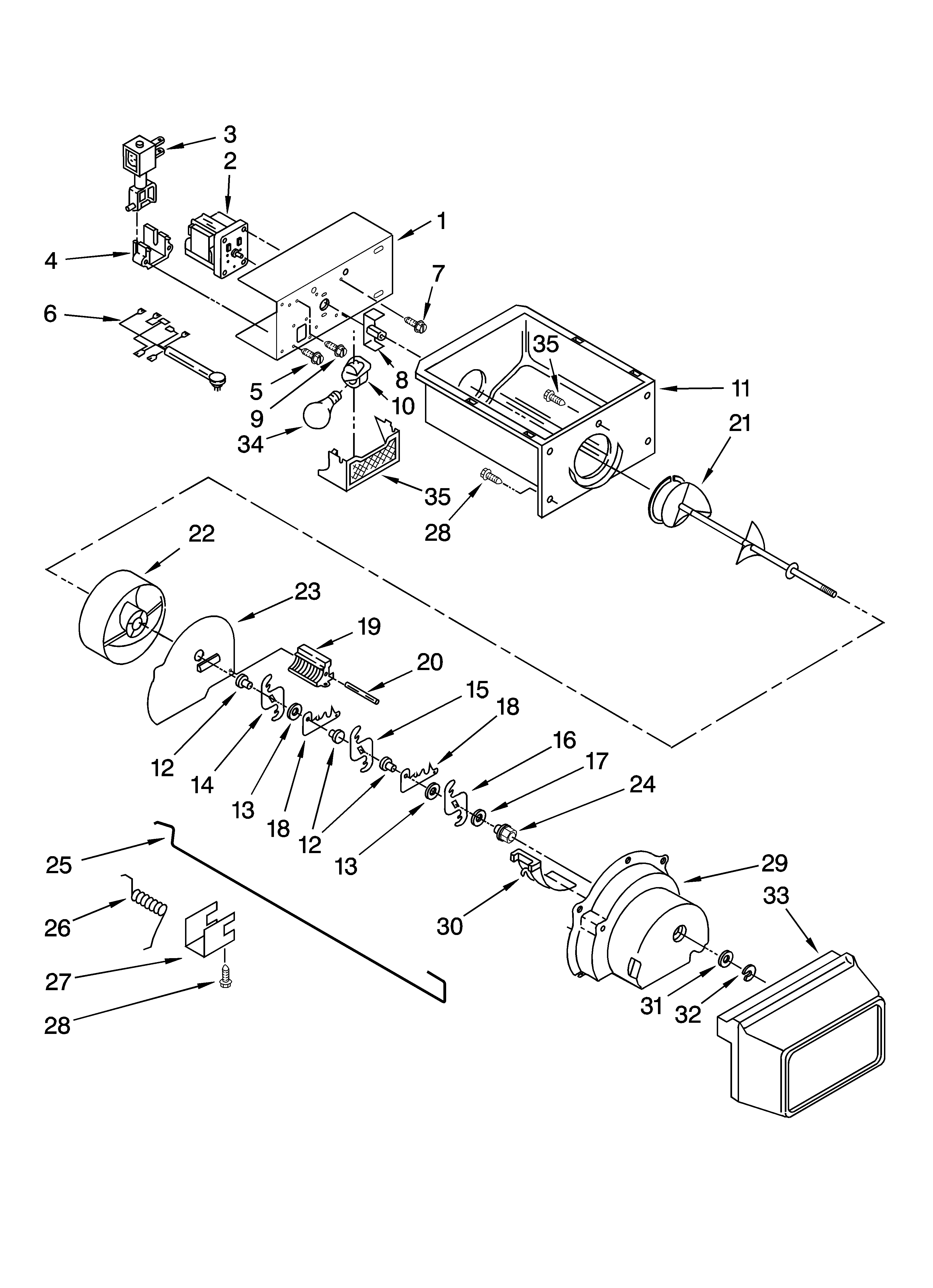 Whirlpool ED2VHEXVB00 motor and ice container parts diagram