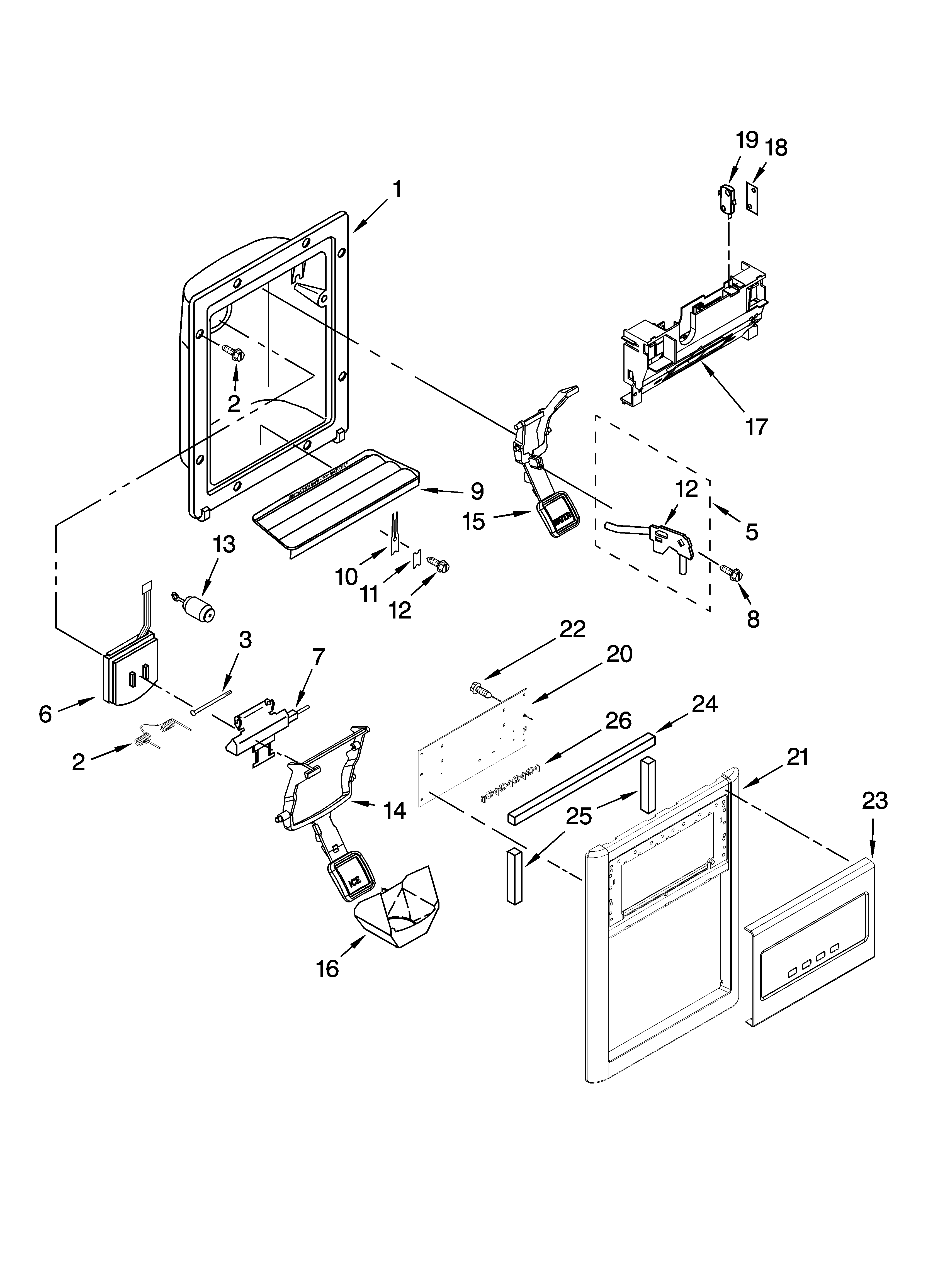 Whirlpool GD5DHAXVB00 dispenser front parts diagram