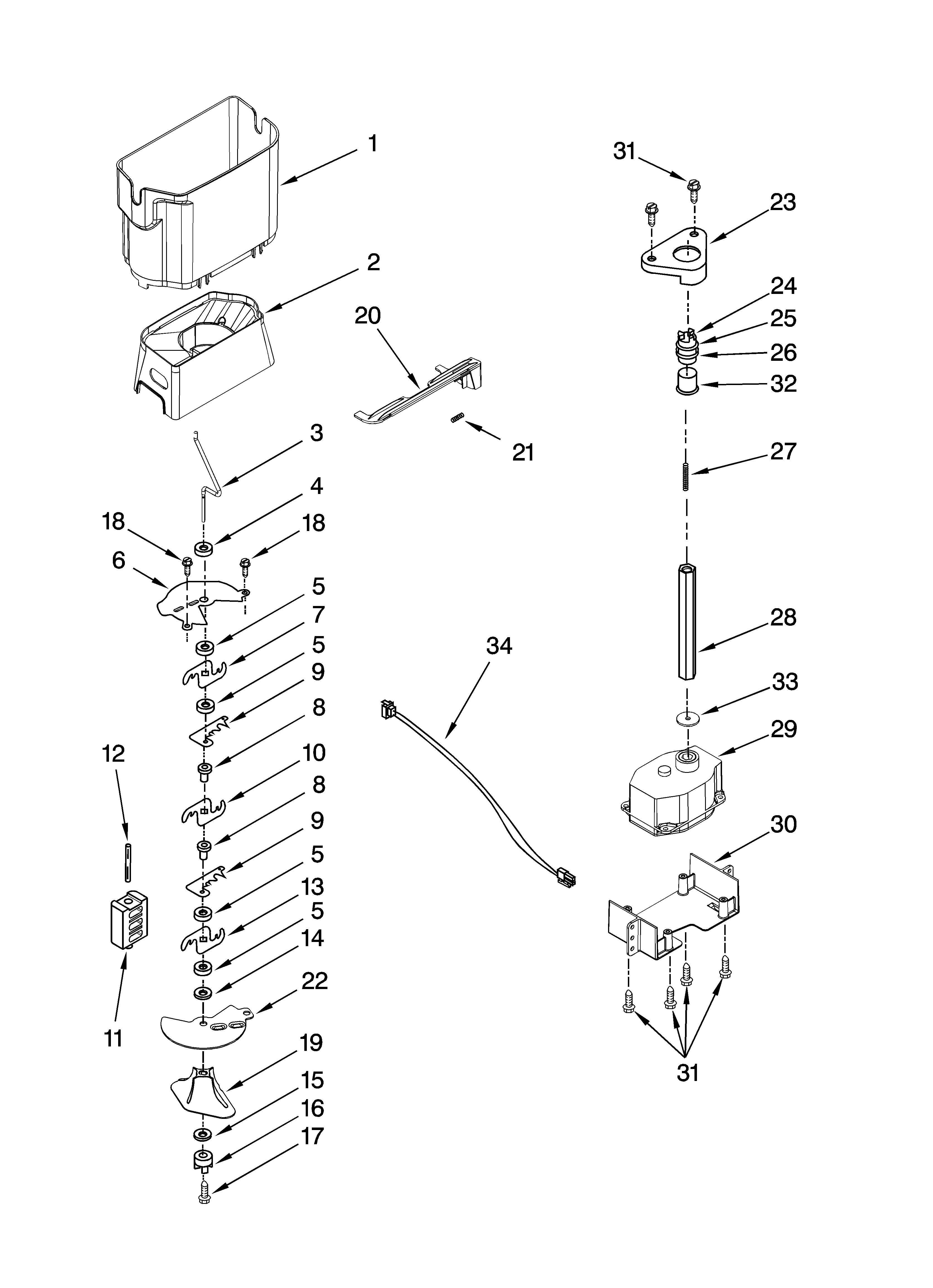 KitchenAid KSRS25RVWH02 motor and ice container parts diagram
