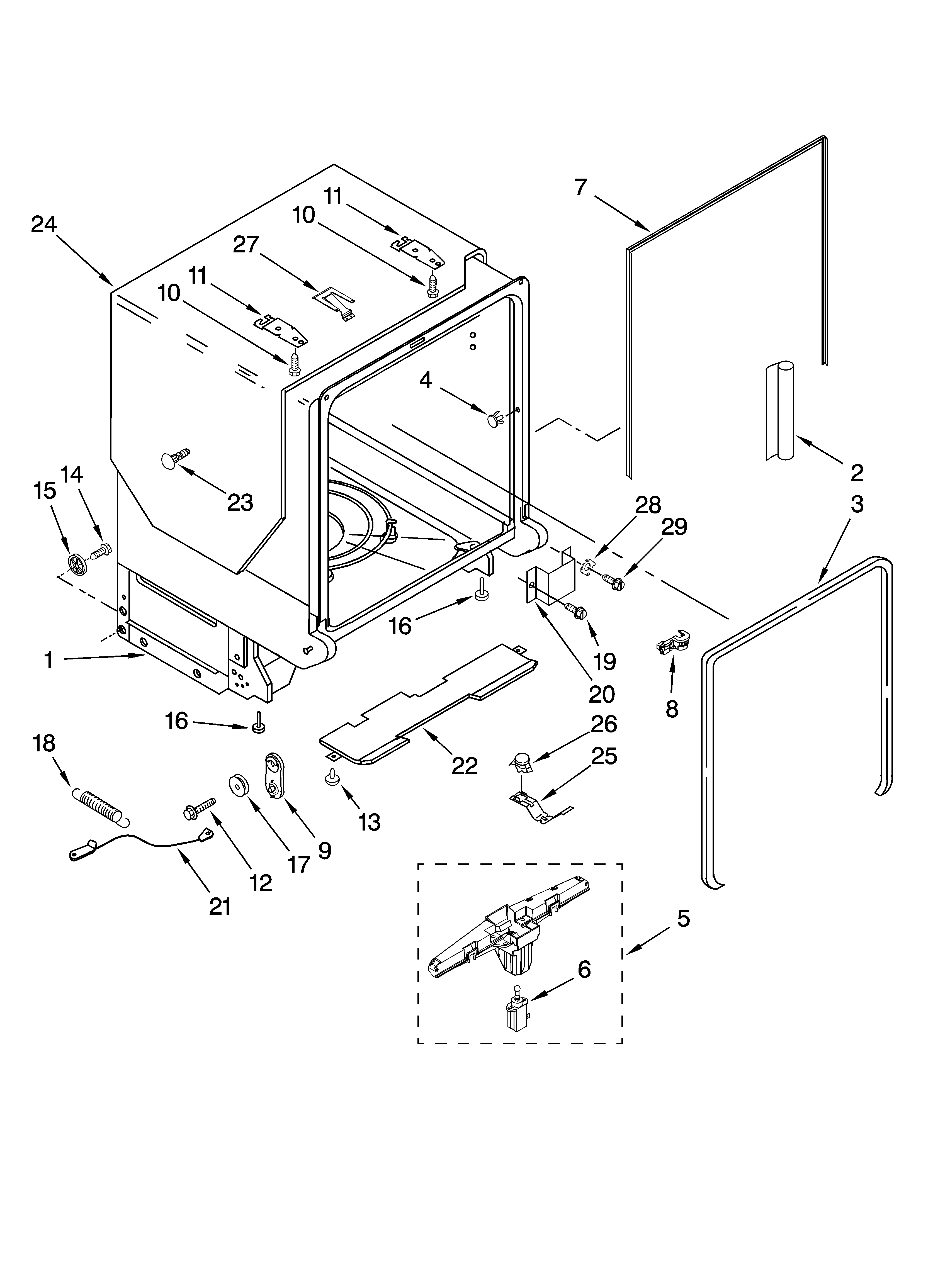 KitchenAid KUDM03FTSS3 tub and frame parts diagram