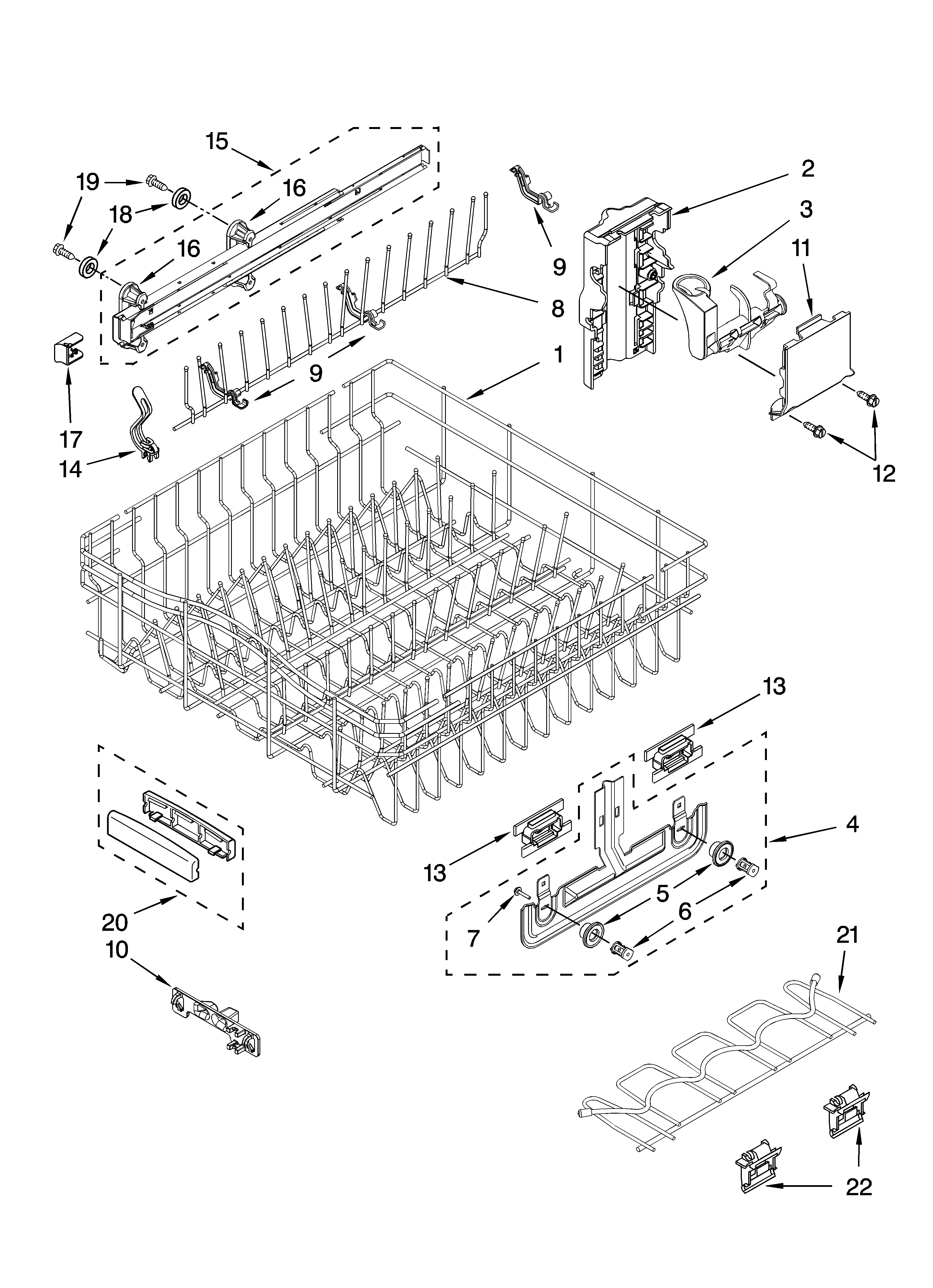 KitchenAid KUDM03FTSS3 upper rack and track parts diagram