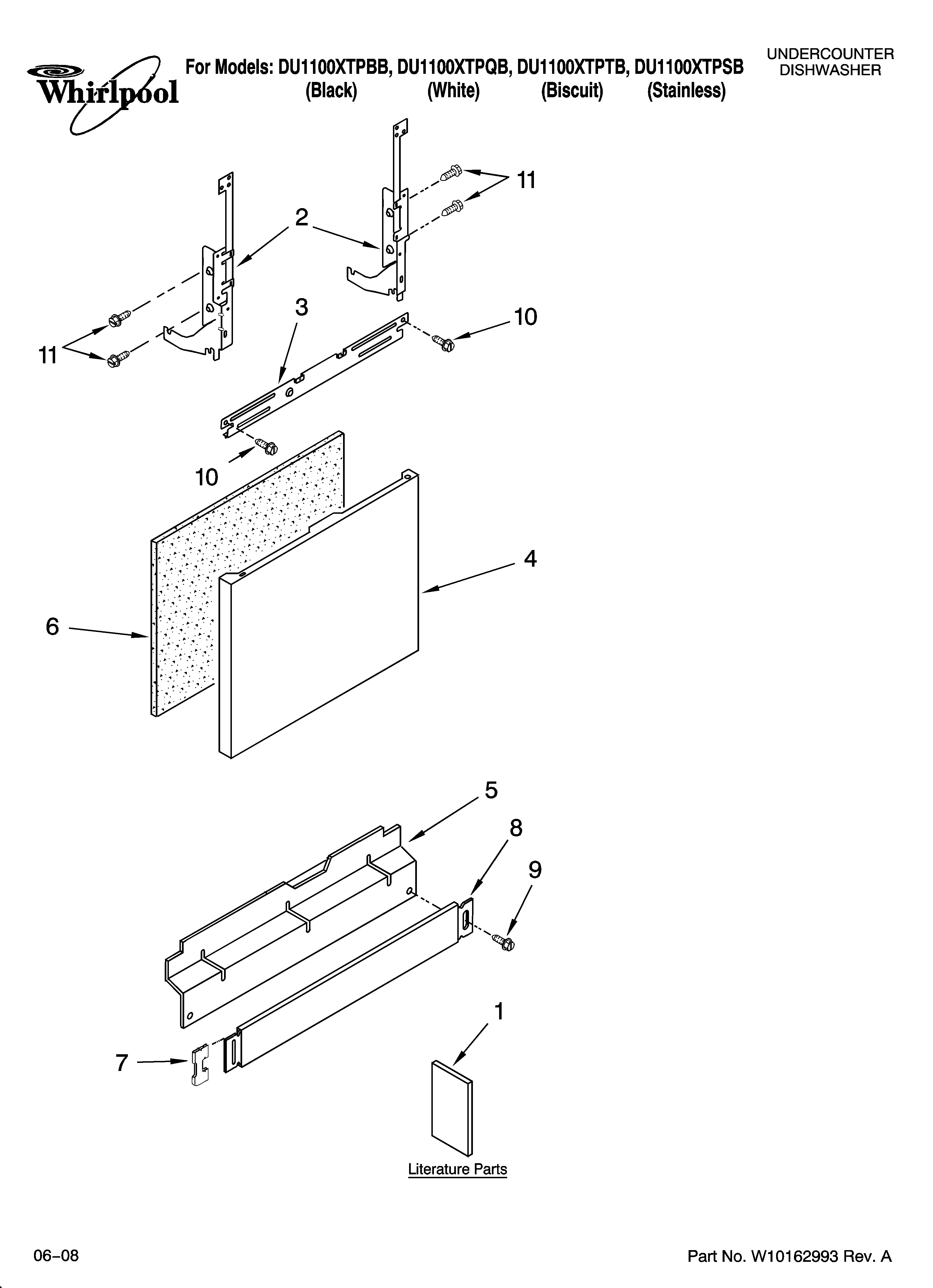 Whirlpool DU1100XTPBB door and panel parts diagram