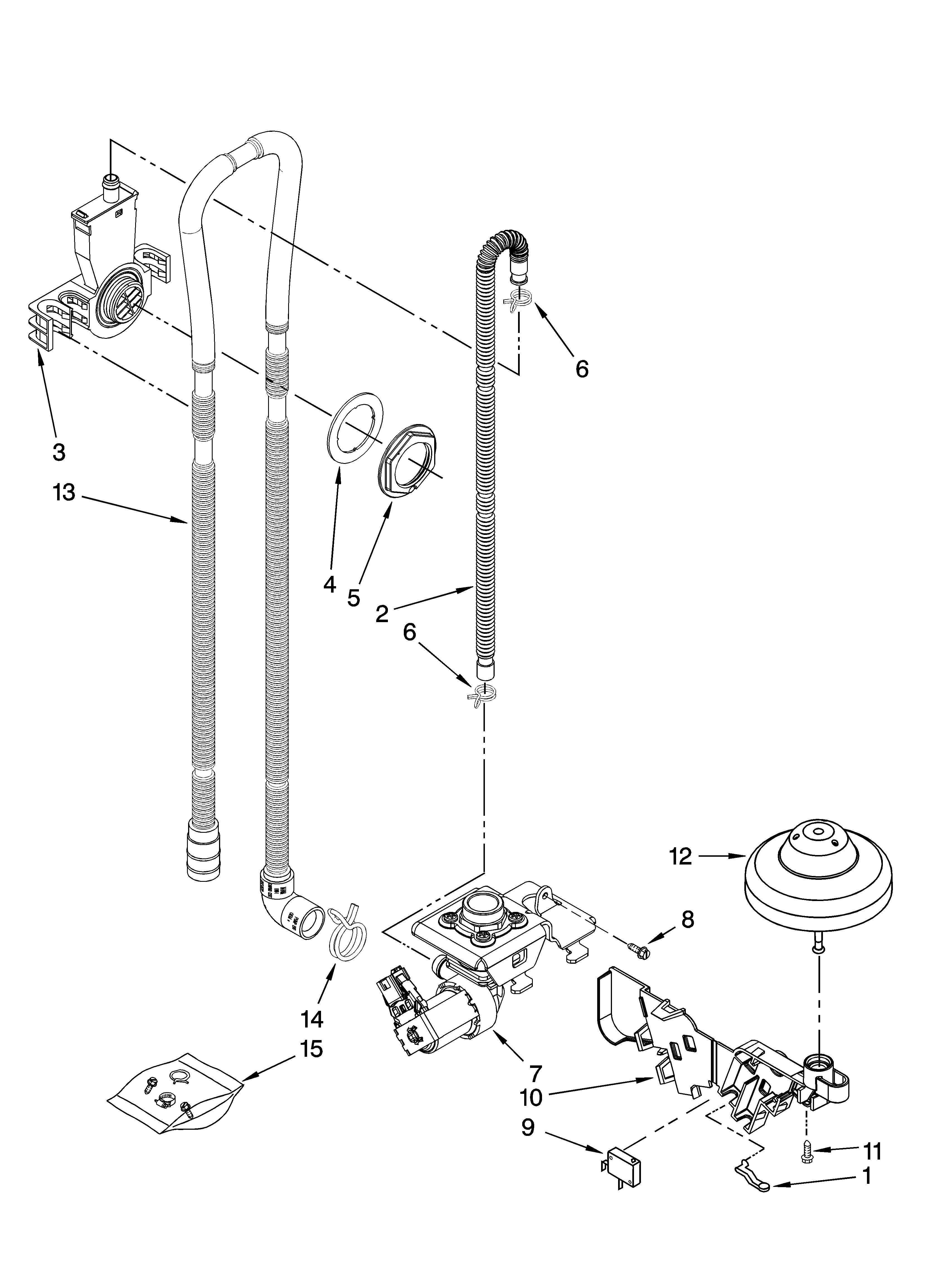 Whirlpool DU1100XTPBB fill, drain and overfill parts diagram