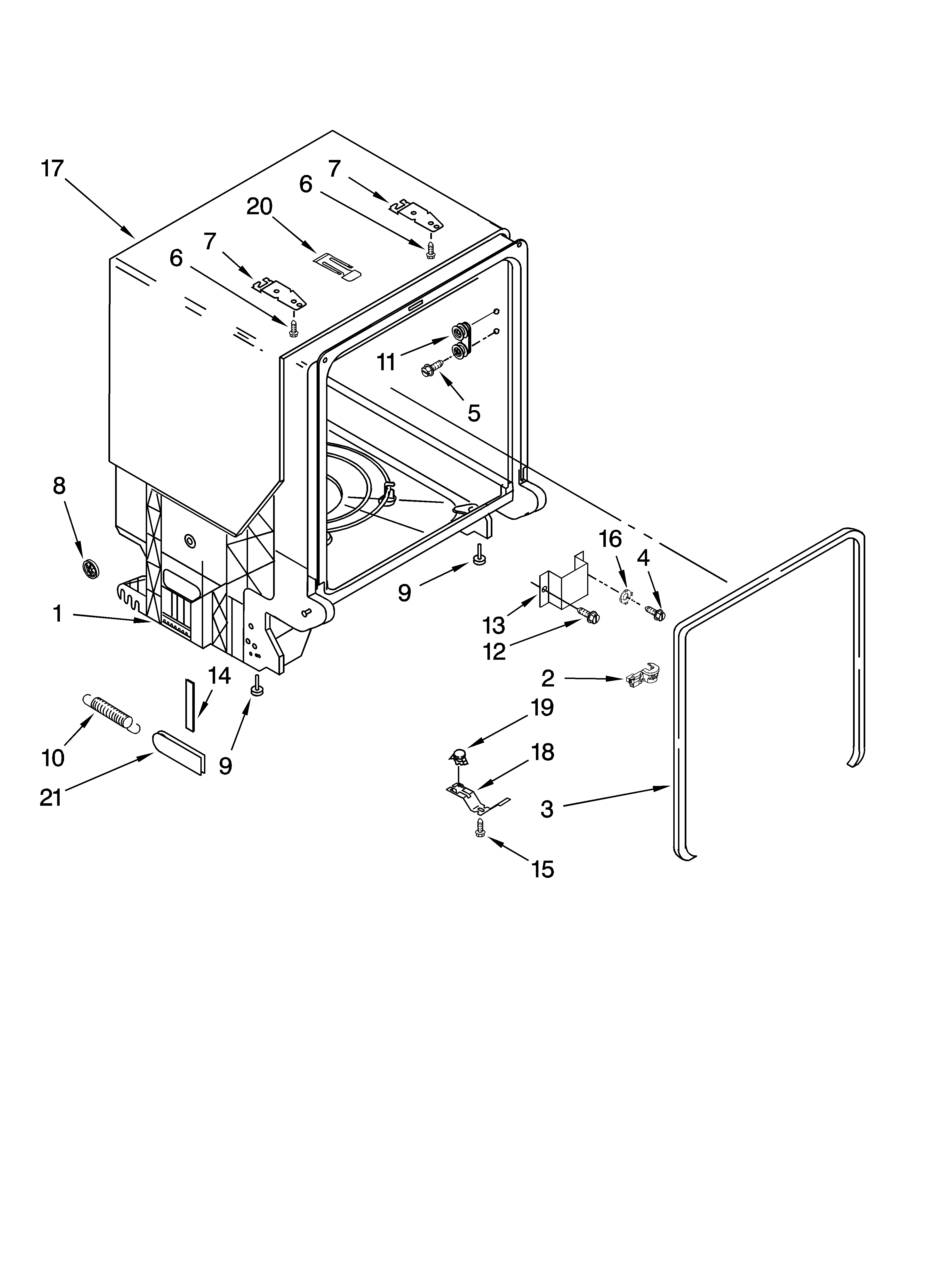 Whirlpool DU1100XTPBB tub and frame parts diagram