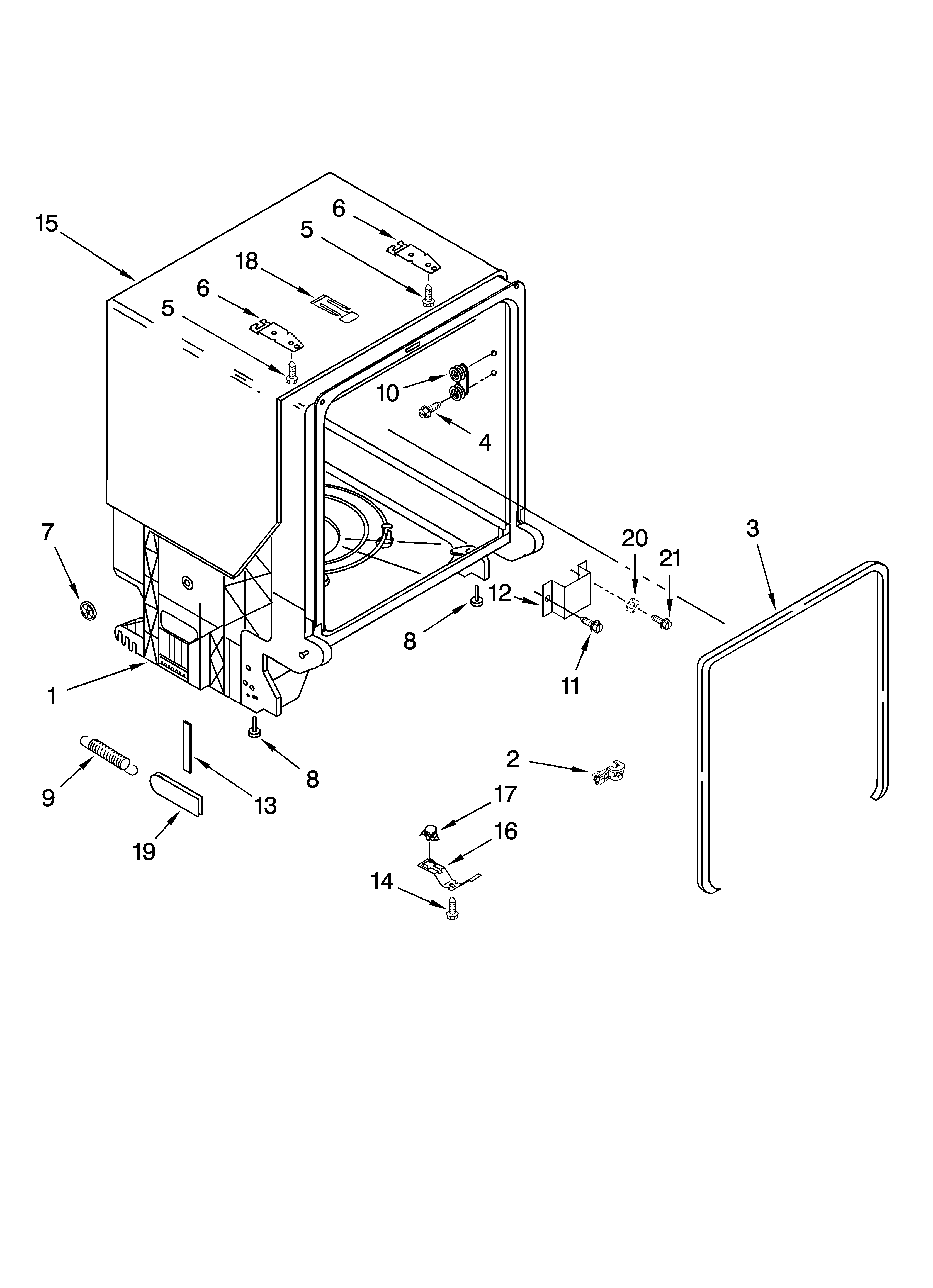 Whirlpool DU1101XTPSB tub and frame parts diagram