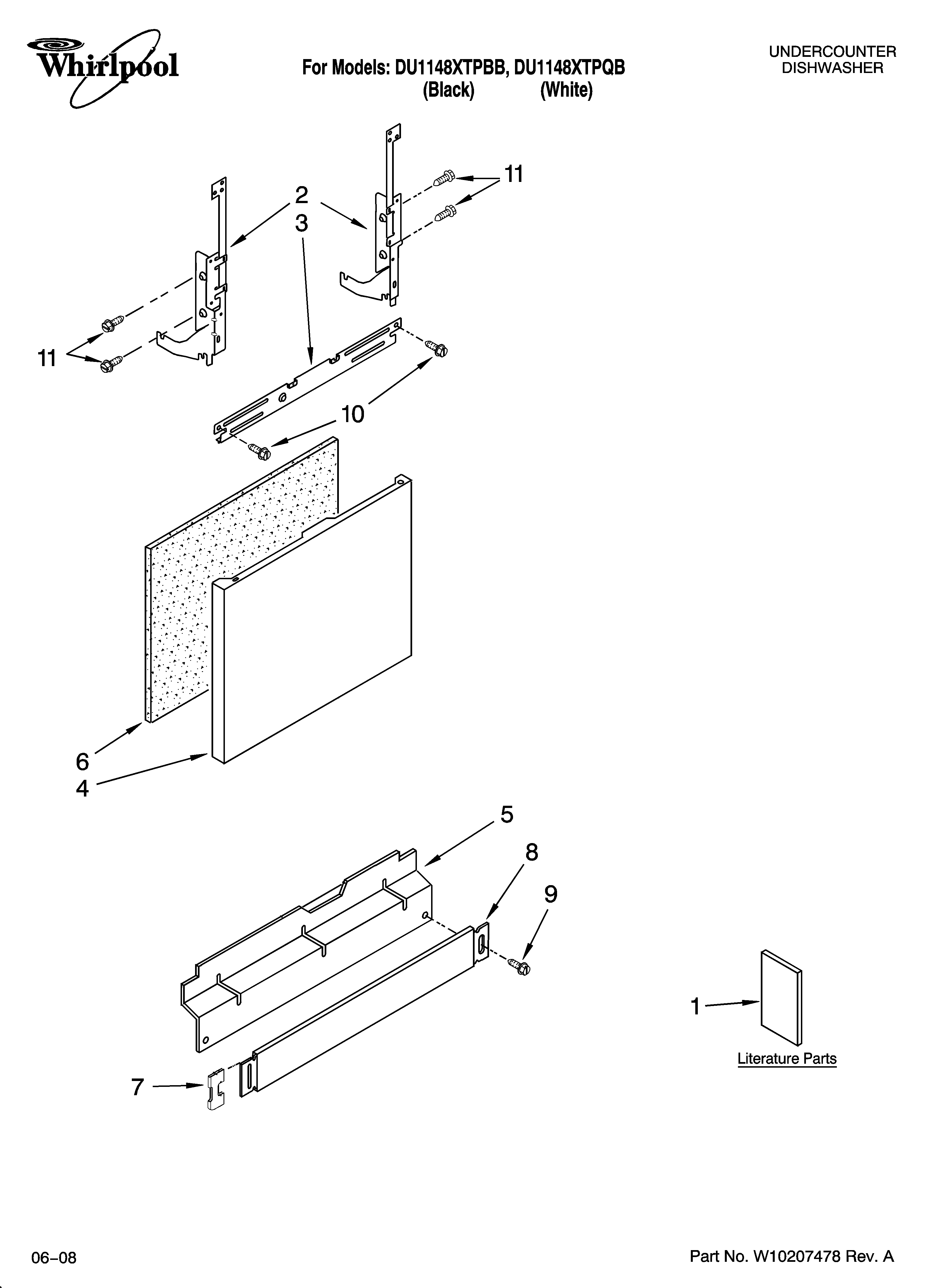 Whirlpool DU1148XTPBB door and panel parts diagram