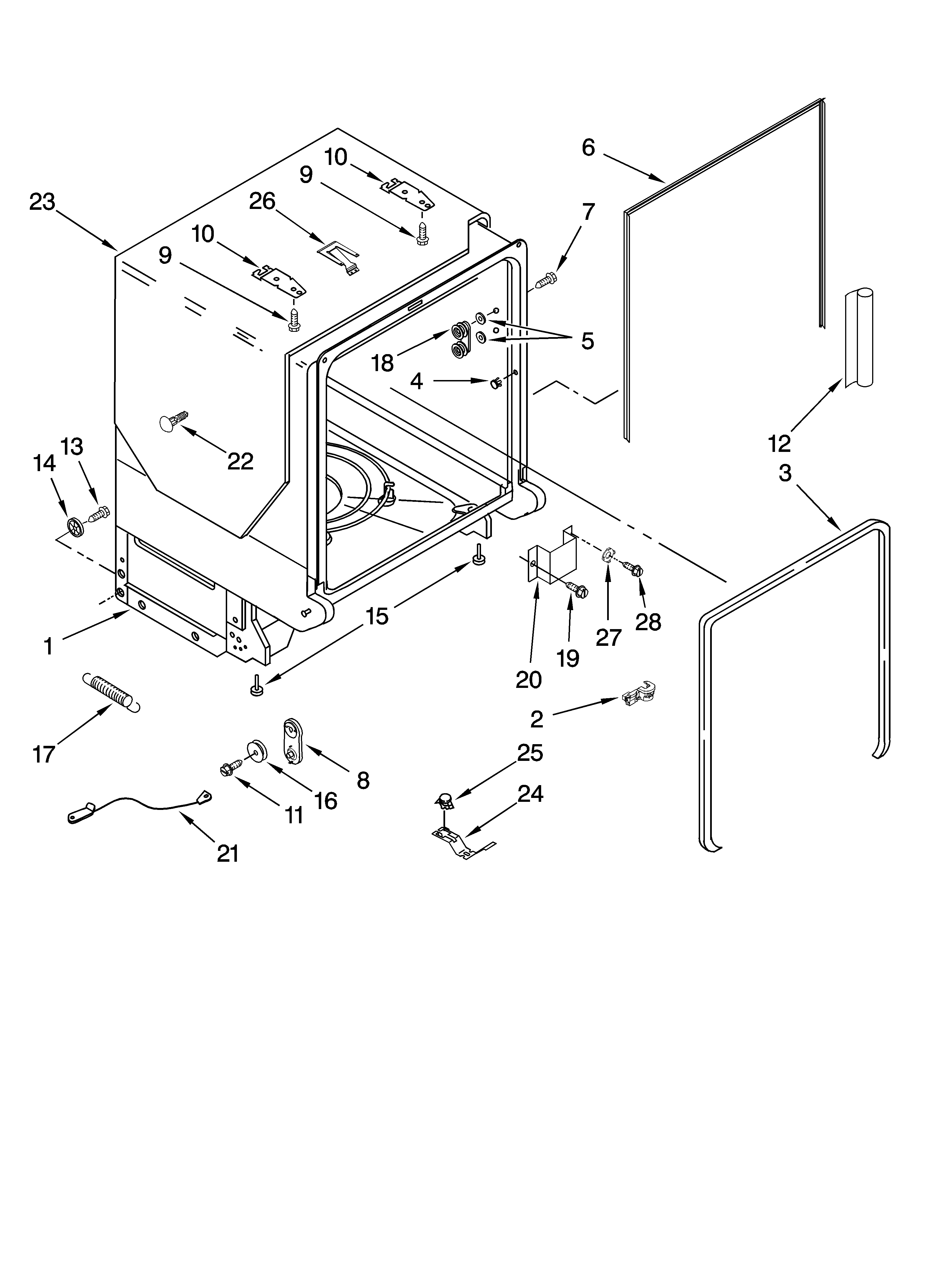KitchenAid KUDC03FVSS0 tub and frame parts diagram