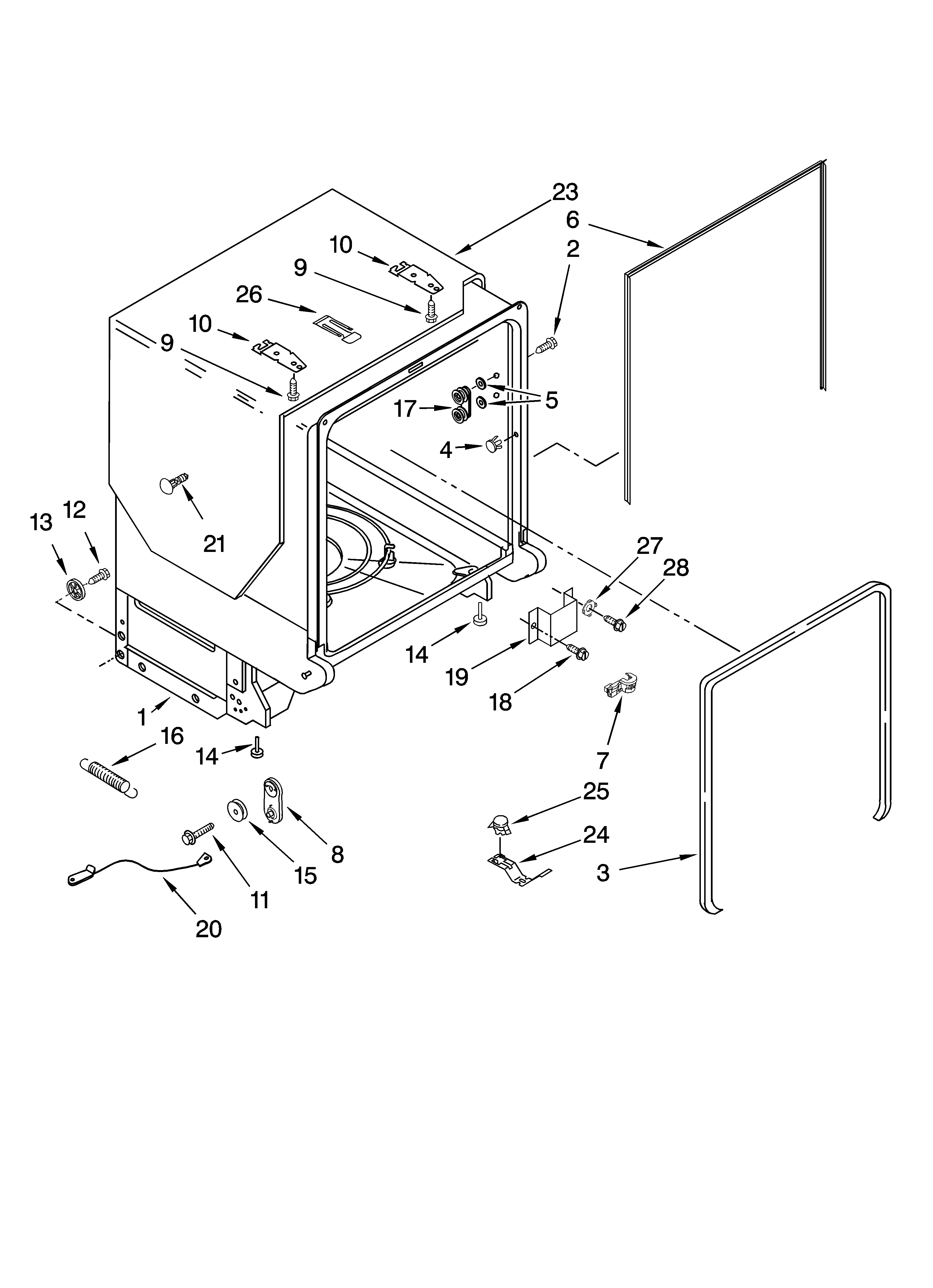 KitchenAid KUDL03IVBL0 tub and frame parts diagram