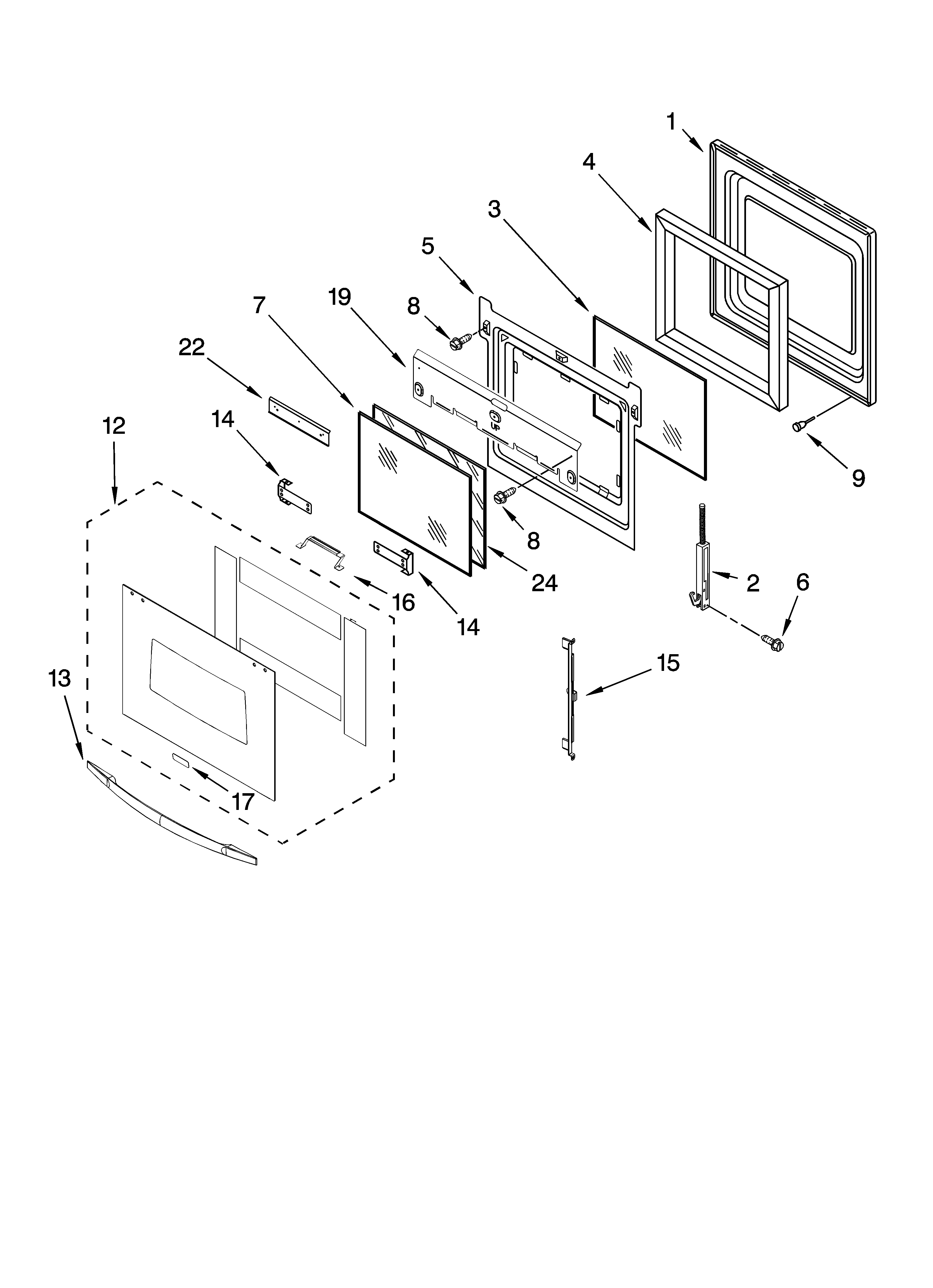 Whirlpool RBS307PVQ00 oven door parts diagram