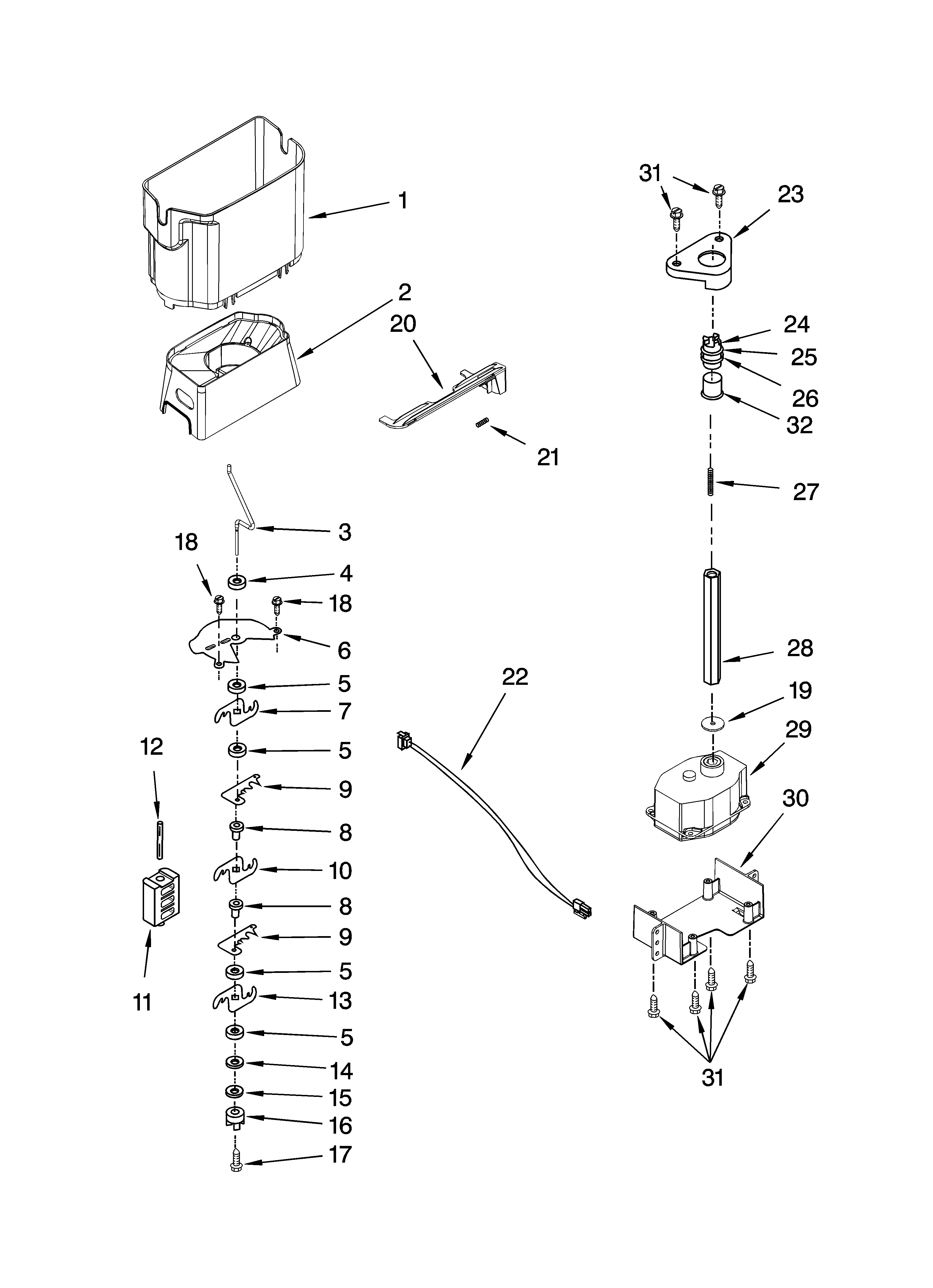 Whirlpool GD5VVAXTY00 motor and ice container parts diagram