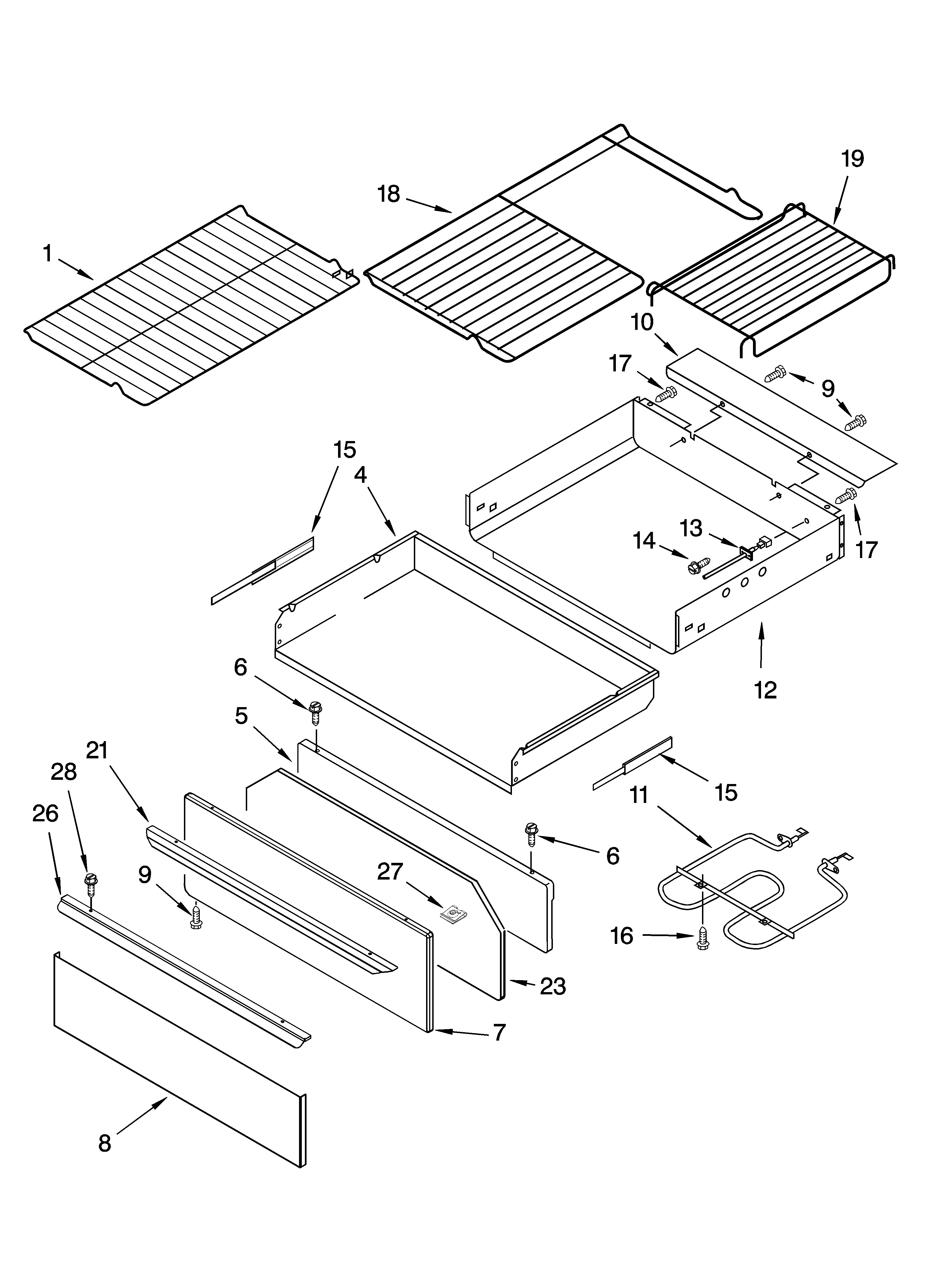 Whirlpool GFE471LVS0 drawer & broiler parts diagram