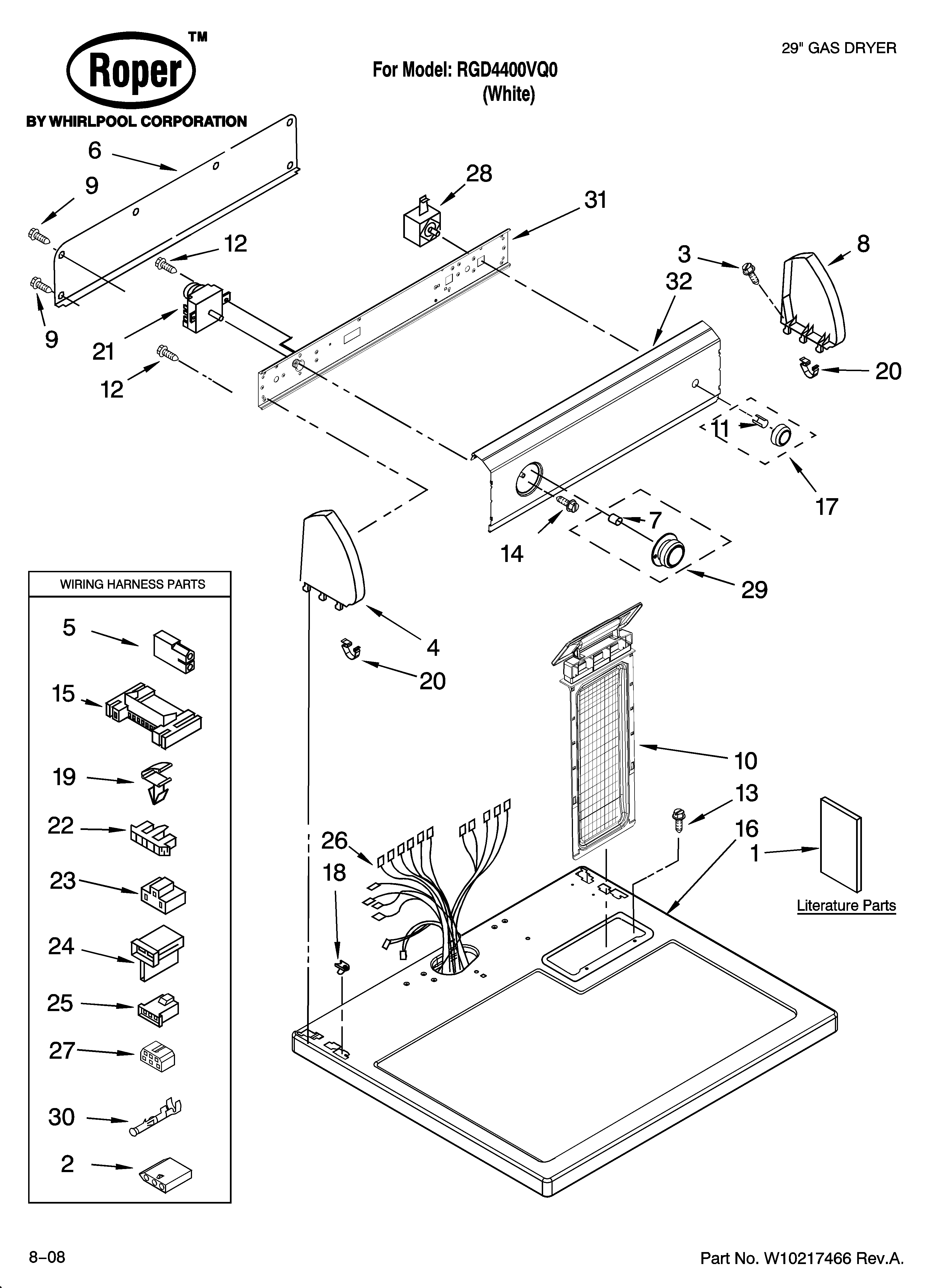 Roper RGD4400VQ0 top and console parts diagram