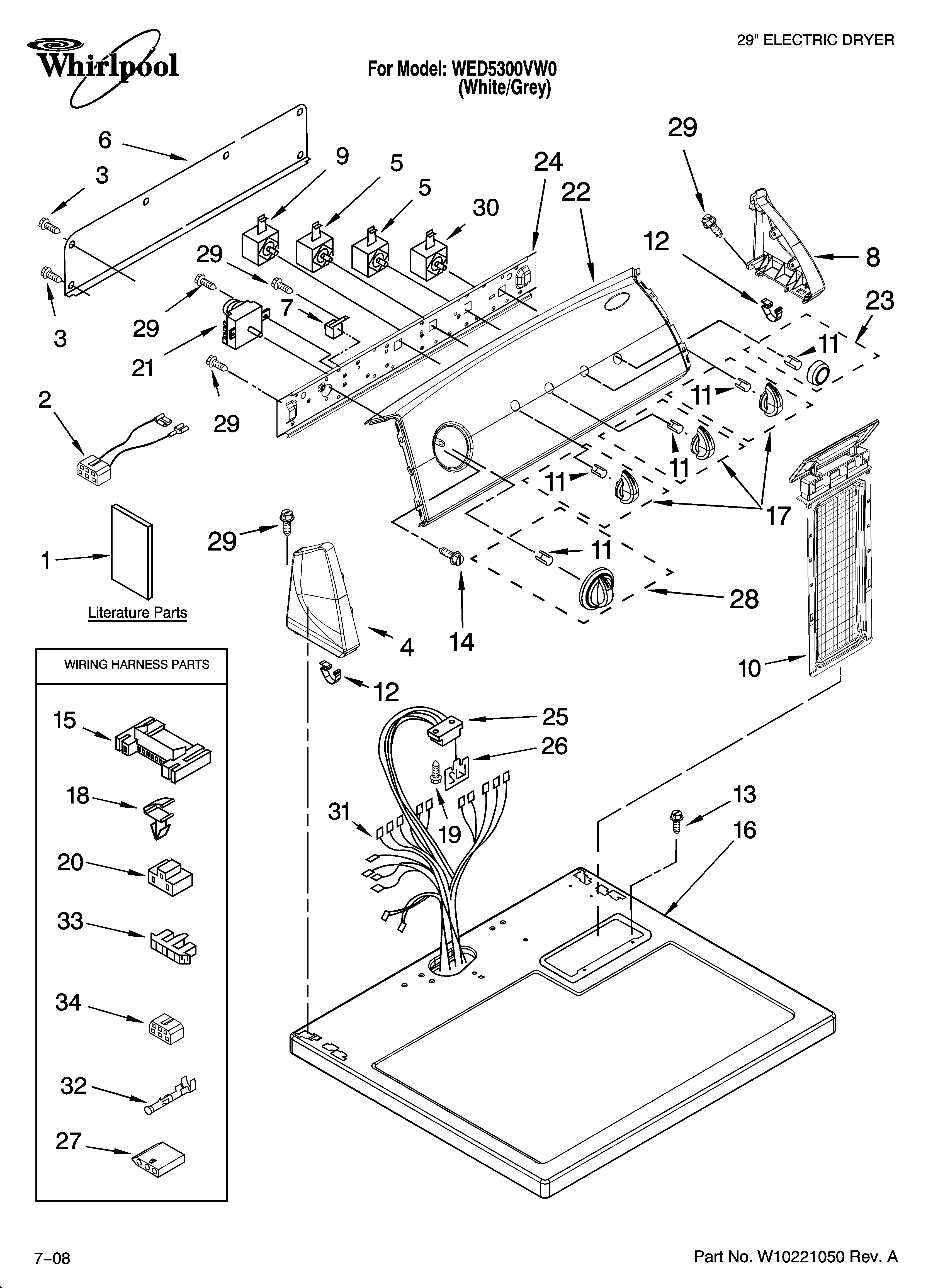 Whirlpool WED5300VW0 top and console parts diagram