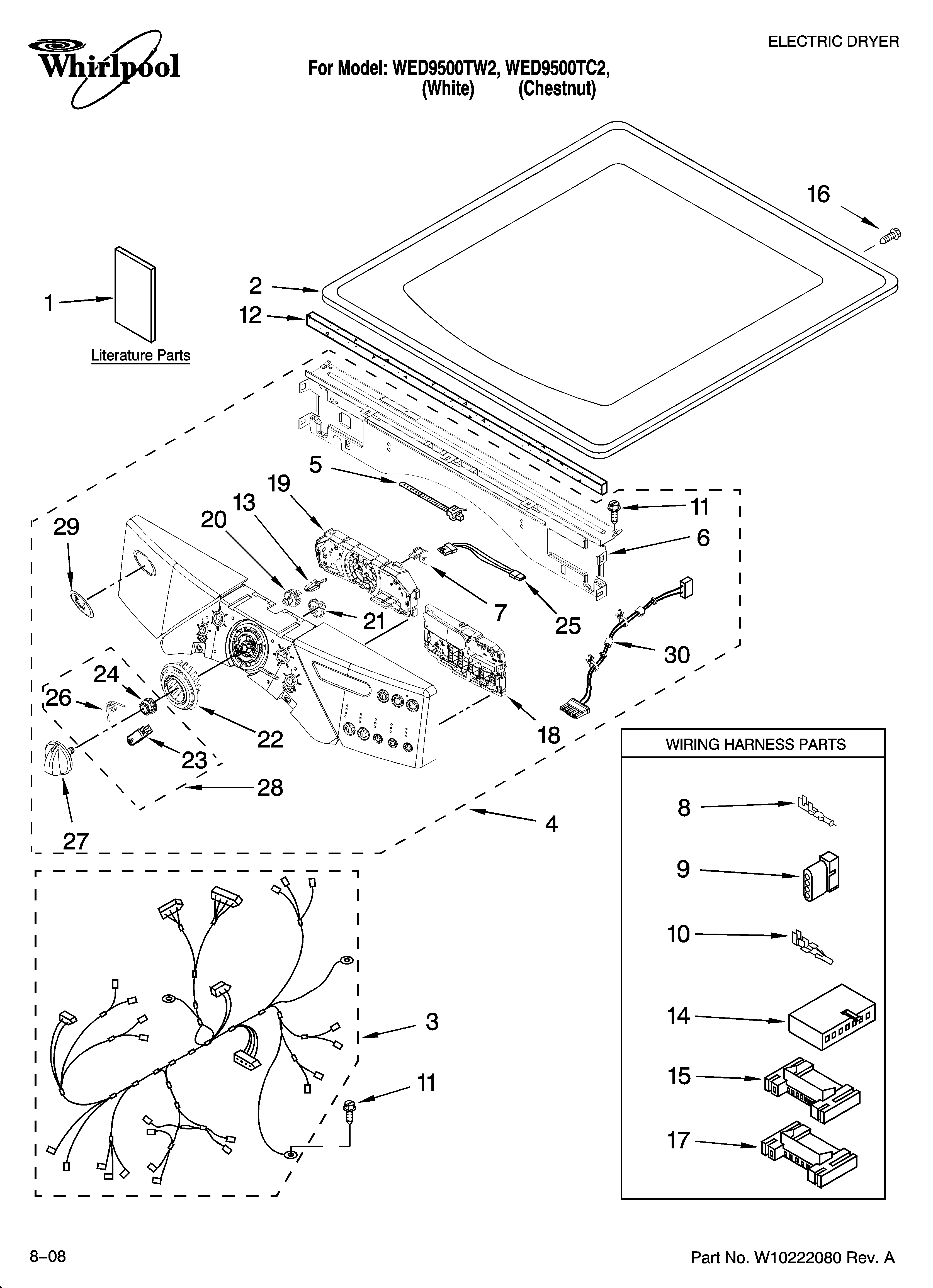 Whirlpool WED9500TC2 top and console parts diagram
