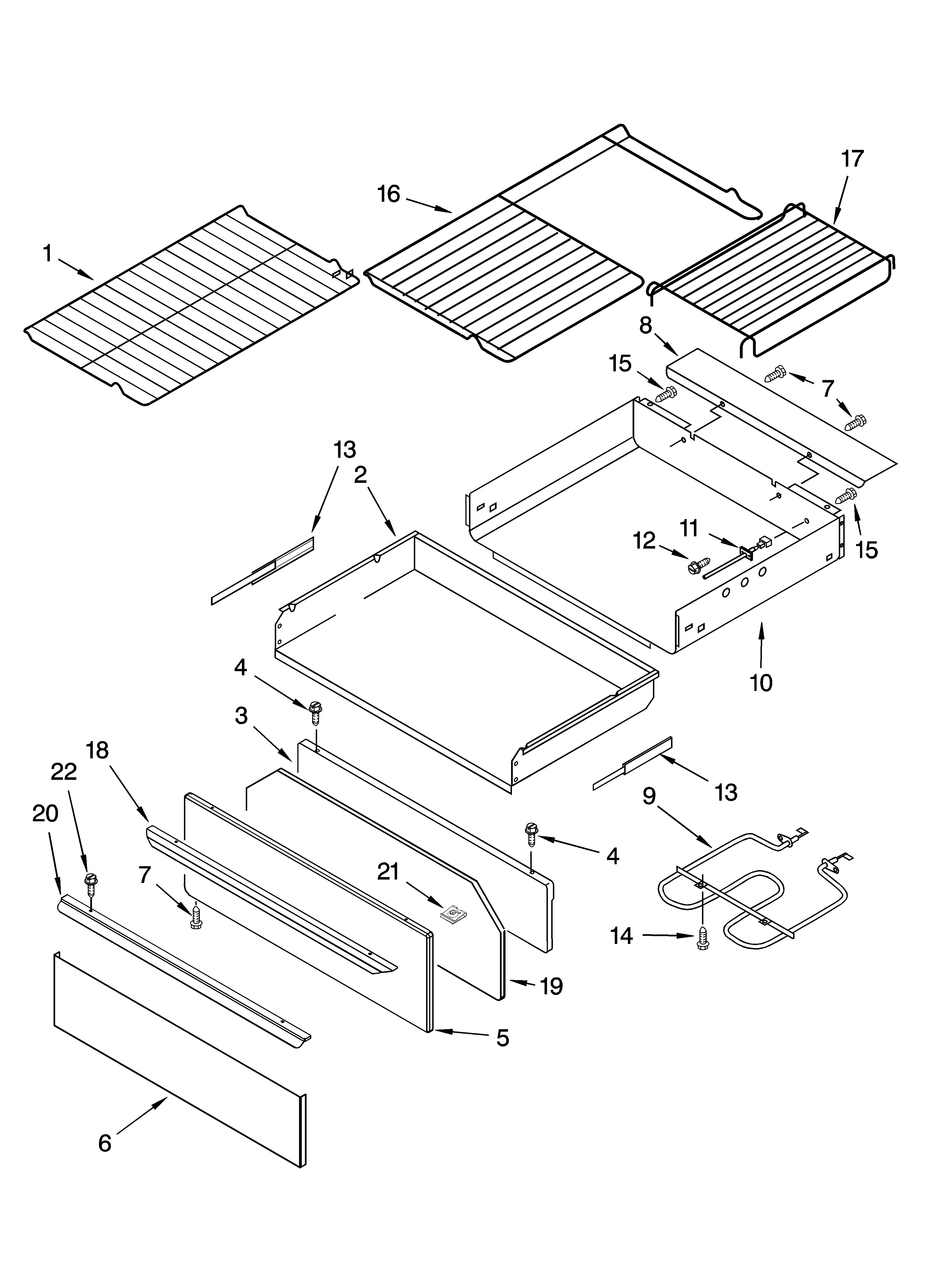 Whirlpool YGFE471LVS0 drawer & broiler parts diagram
