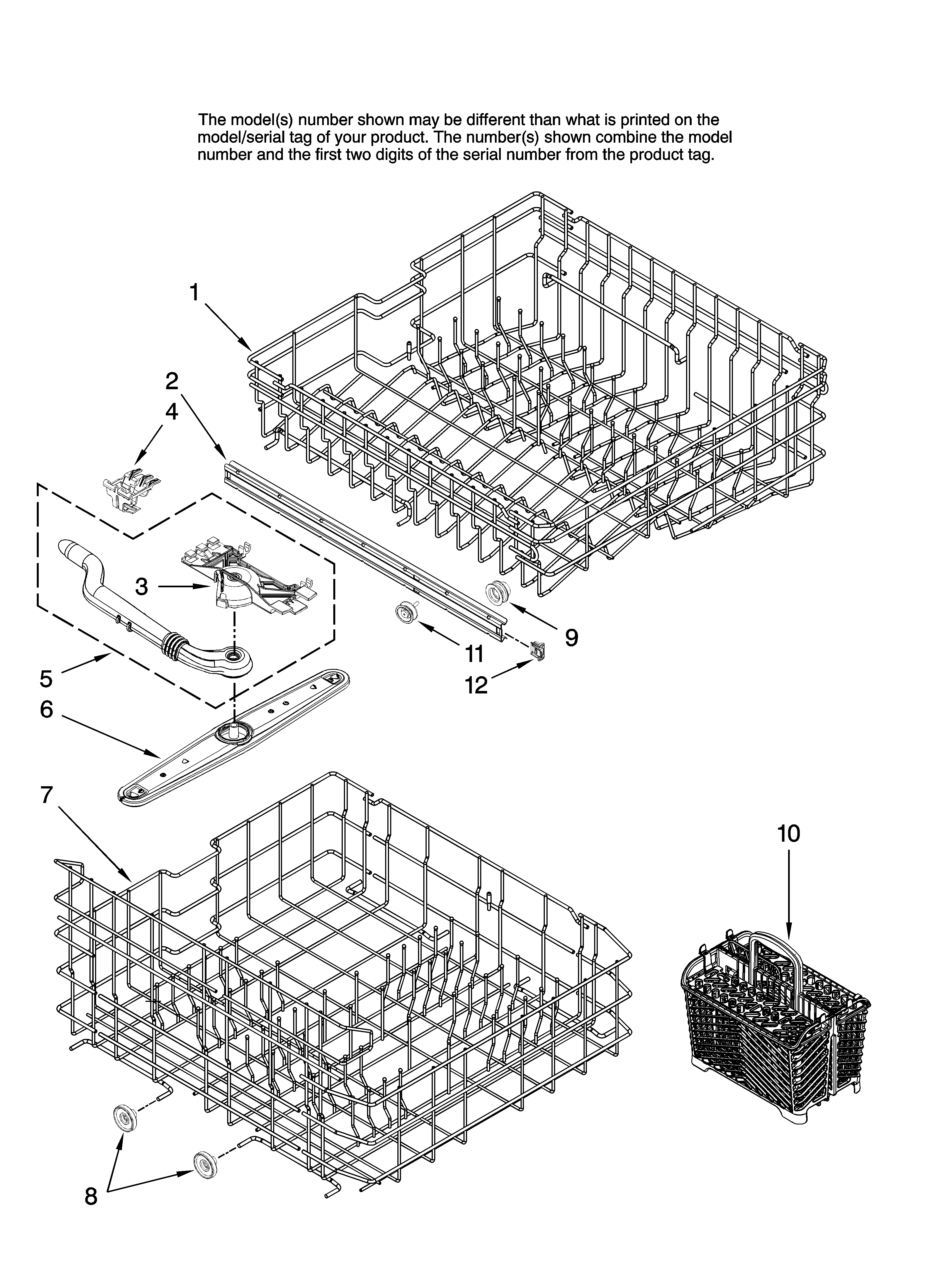 Amana ADB1500AWQ41 upper and lower rack parts diagram